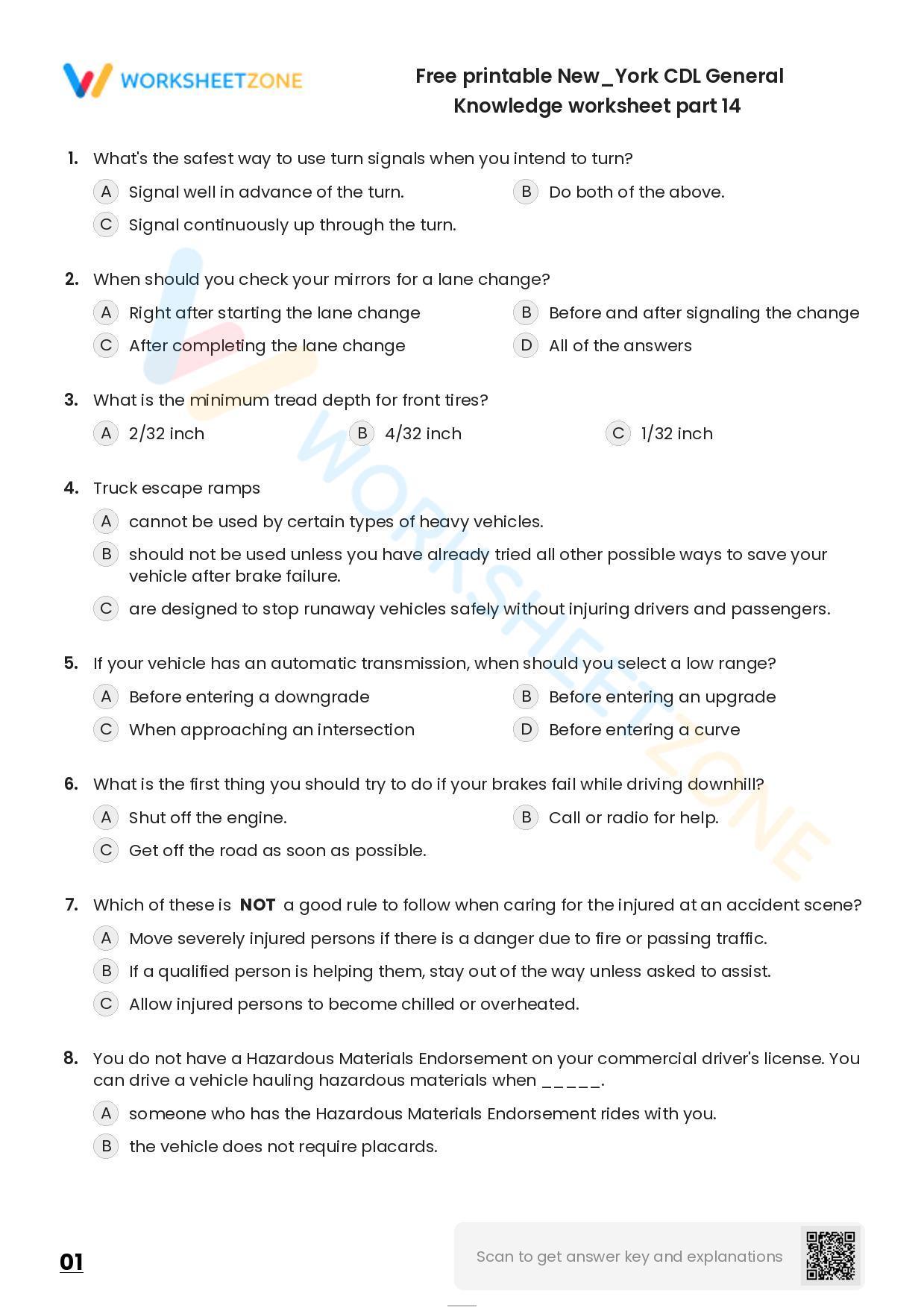 Free Printable New/York CDL General Knowledge Worksheet Part 14