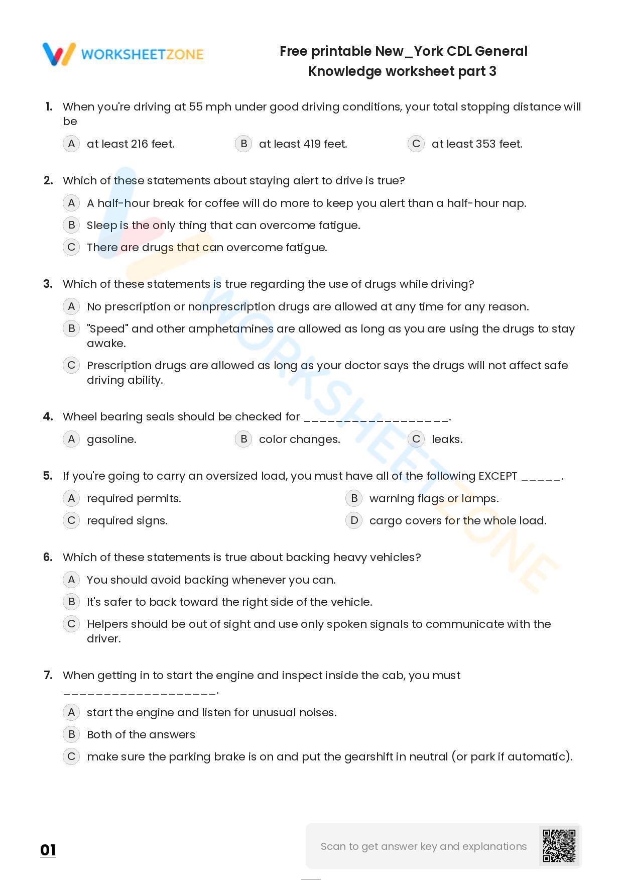 Free Printable New/York CDL General Knowledge Worksheet Part 3