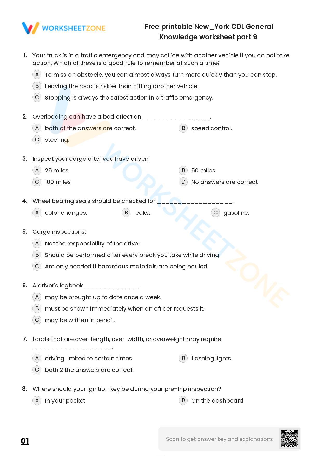 Free printable New/York CDL General Knowledge practice test Worksheet Free printable New/York CDL General Knowledge practice test Worksheet