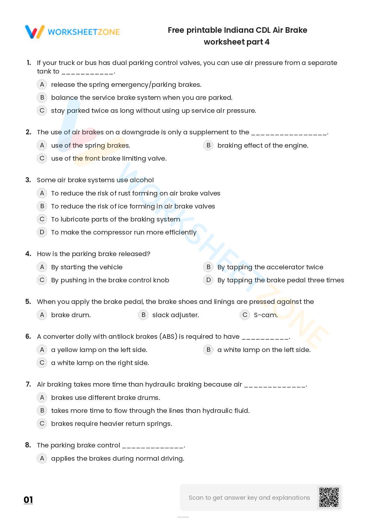 Free Printable Indiana CDL Air Brake Worksheet Part 4
