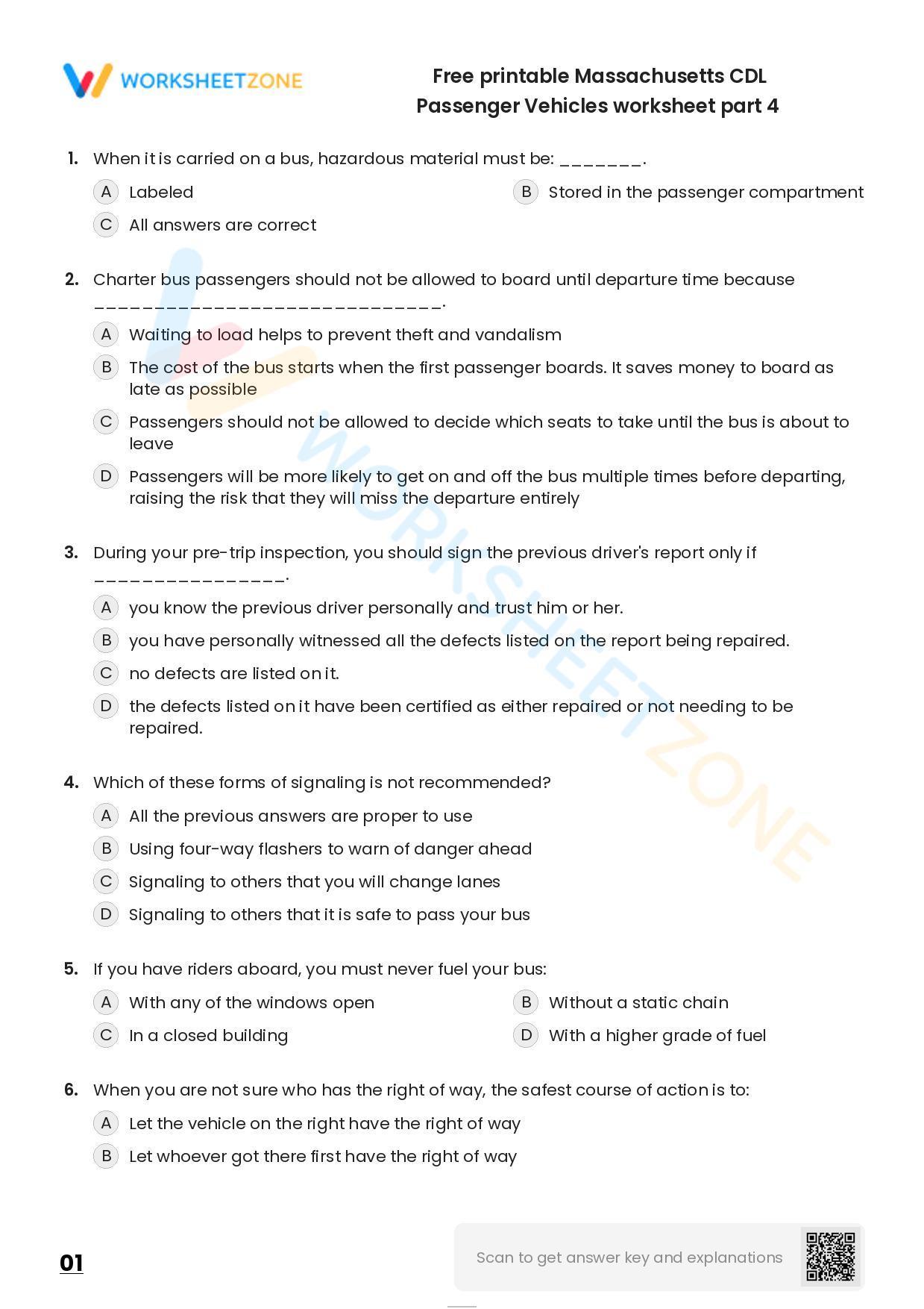 Free Printable Massachusetts CDL Passenger Vehicles Worksheet Part 4
