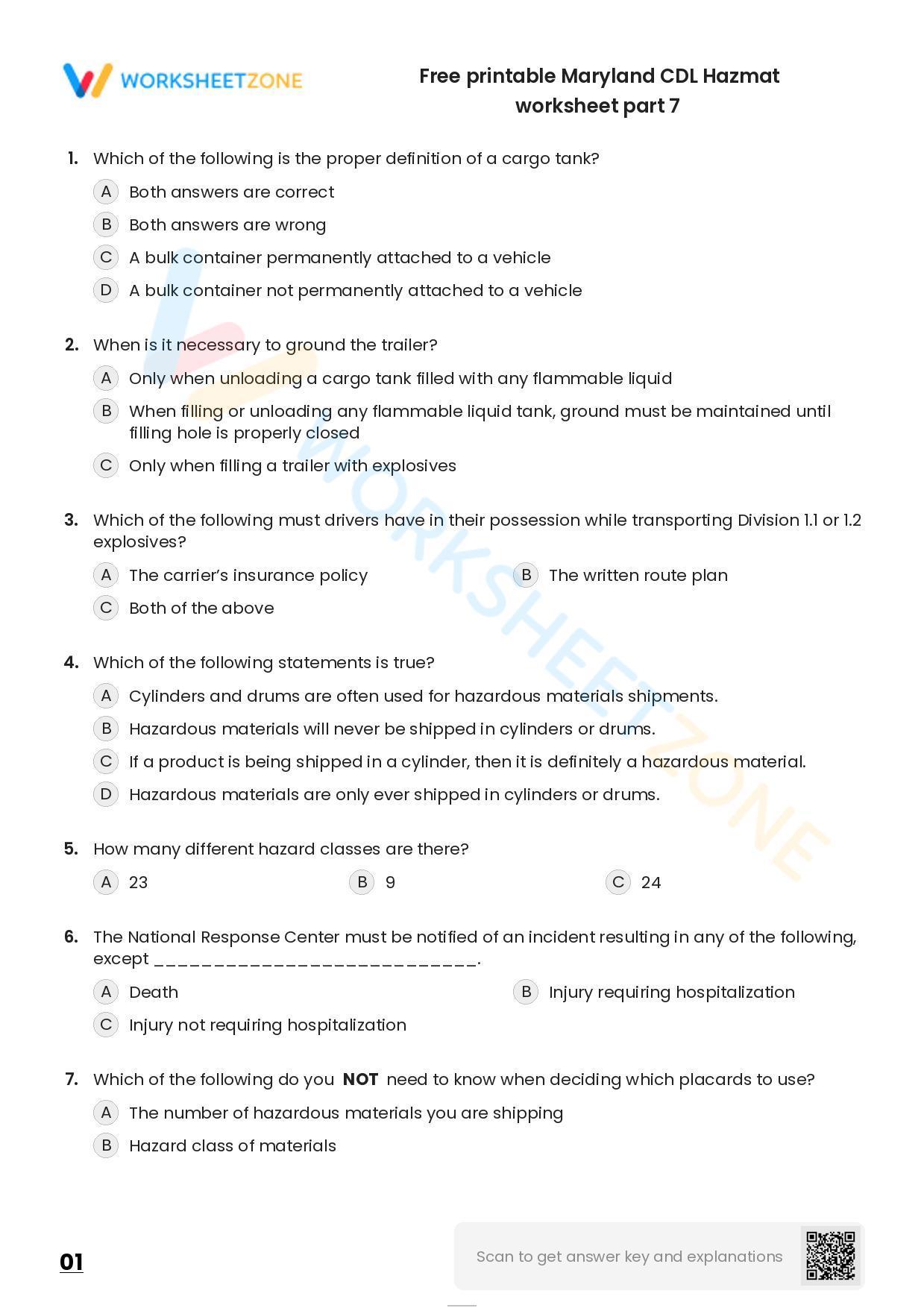 Free Printable Maryland CDL Hazmat Worksheet Part 7