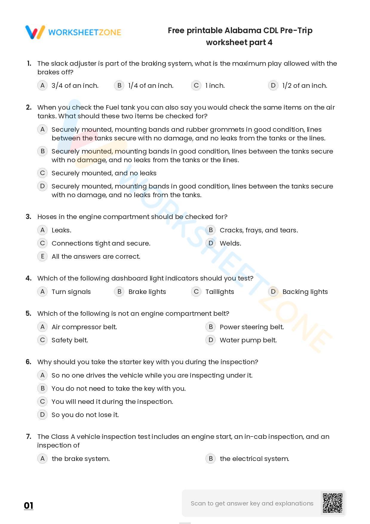 Free printable Alabama CDL Pre-Trip worksheet part 1 | Worksheet Zone