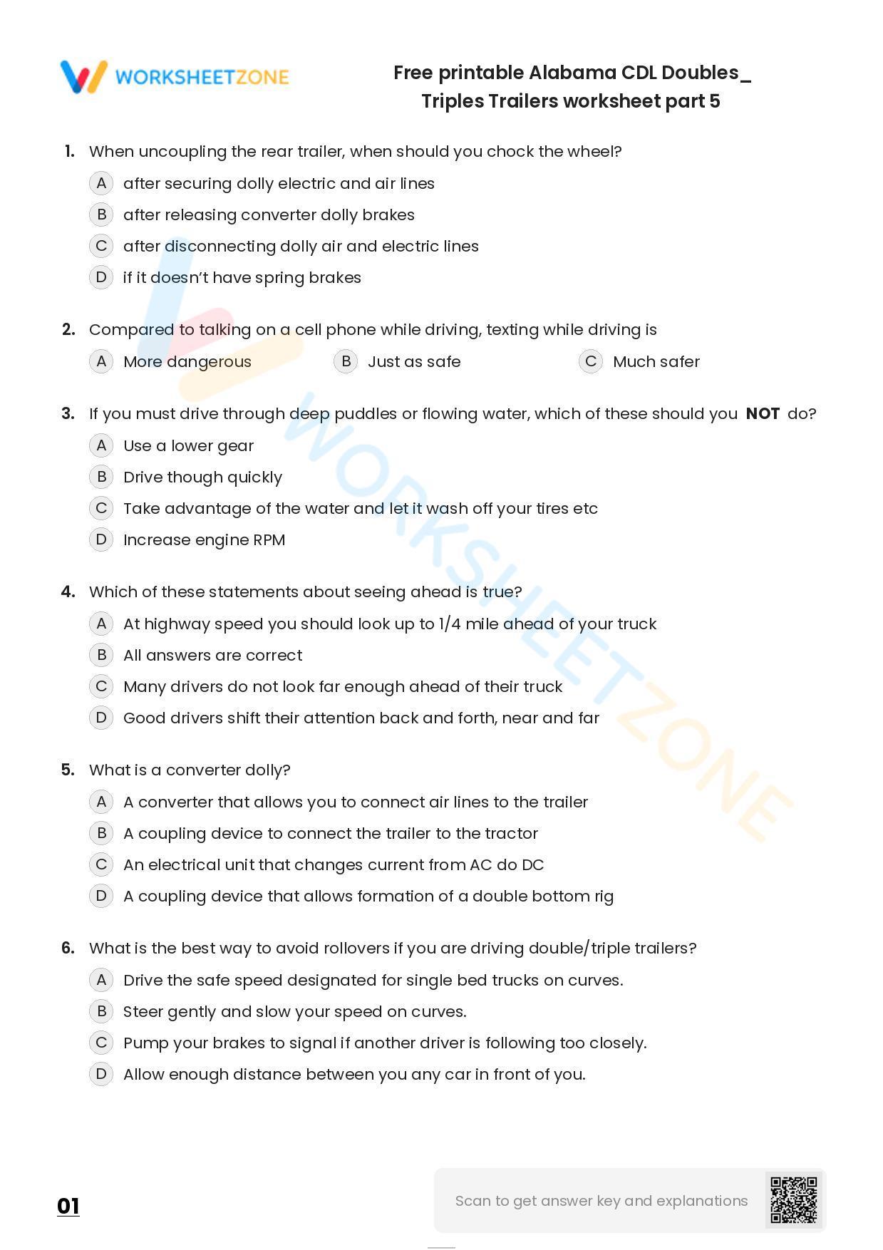 Free Printable Alabama CDL Doubles/ Triples Trailers Worksheet Part 5