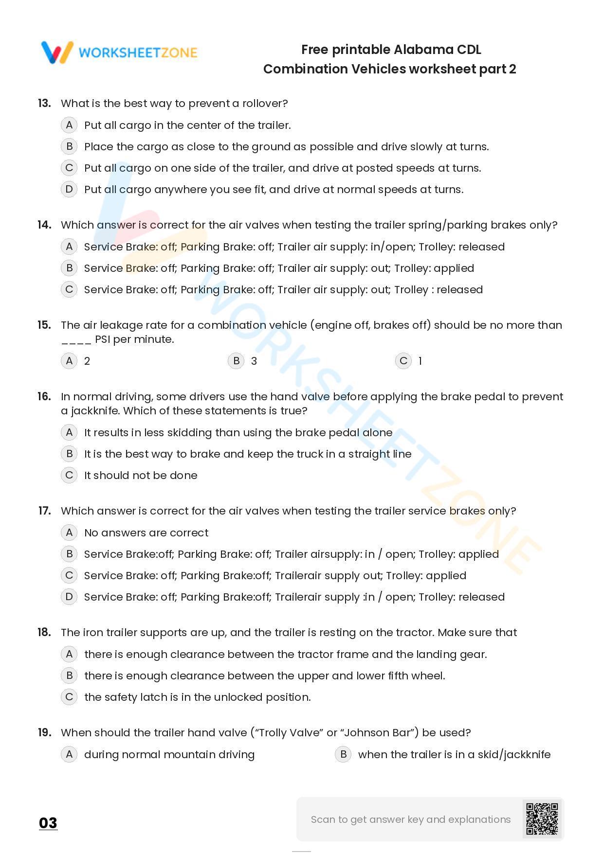 Free printable Alabama CDL Combination Vehicles practice test