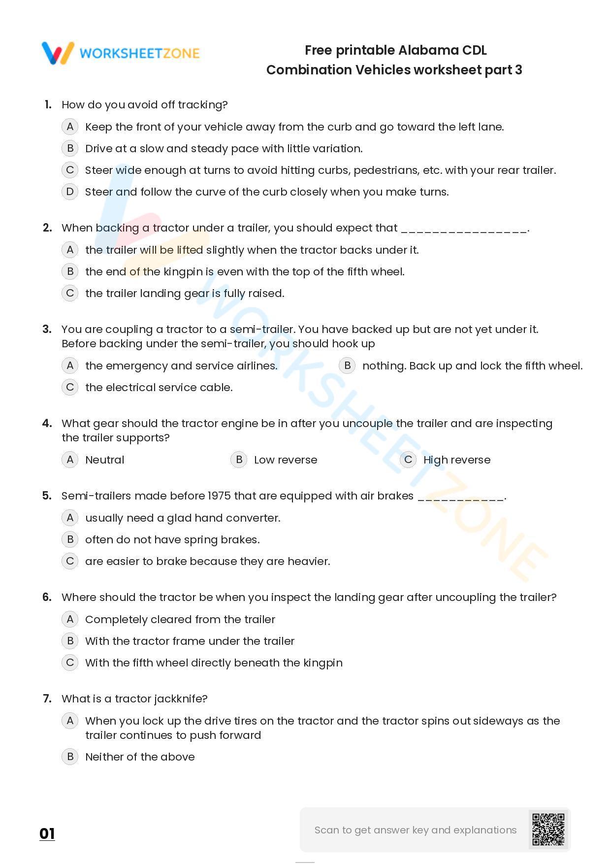 Free printable Alabama CDL Combination Vehicles practice test