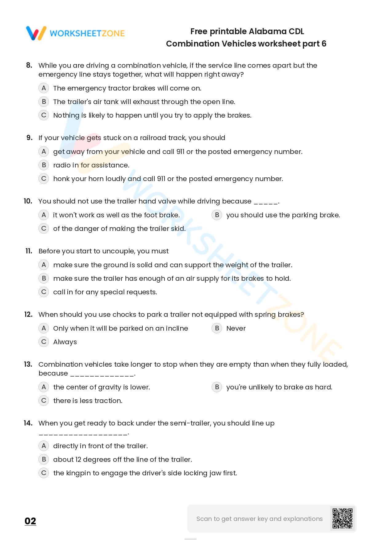 Free printable Alabama CDL Combination Vehicles practice test