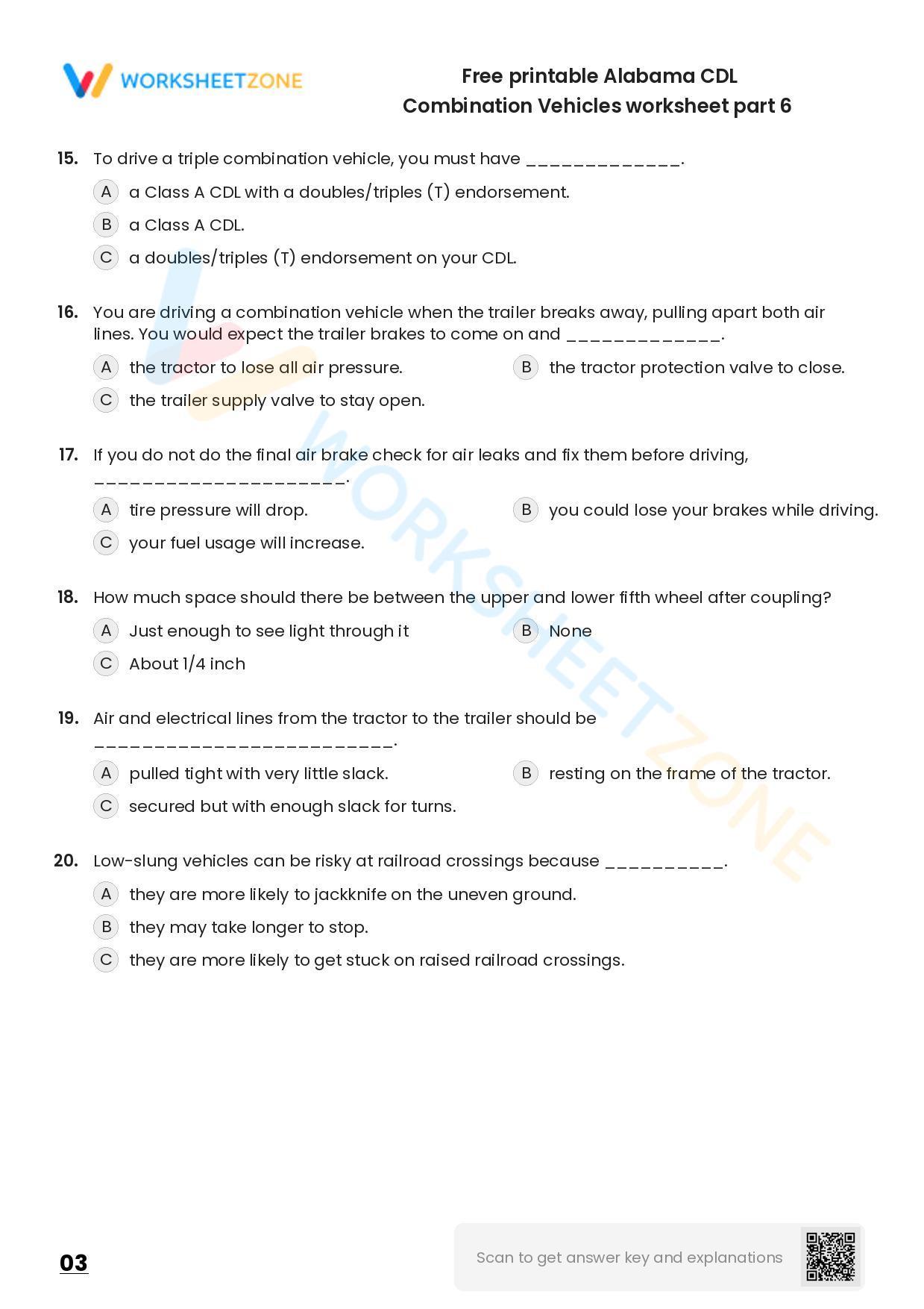 Free printable Alabama CDL Combination Vehicles practice test