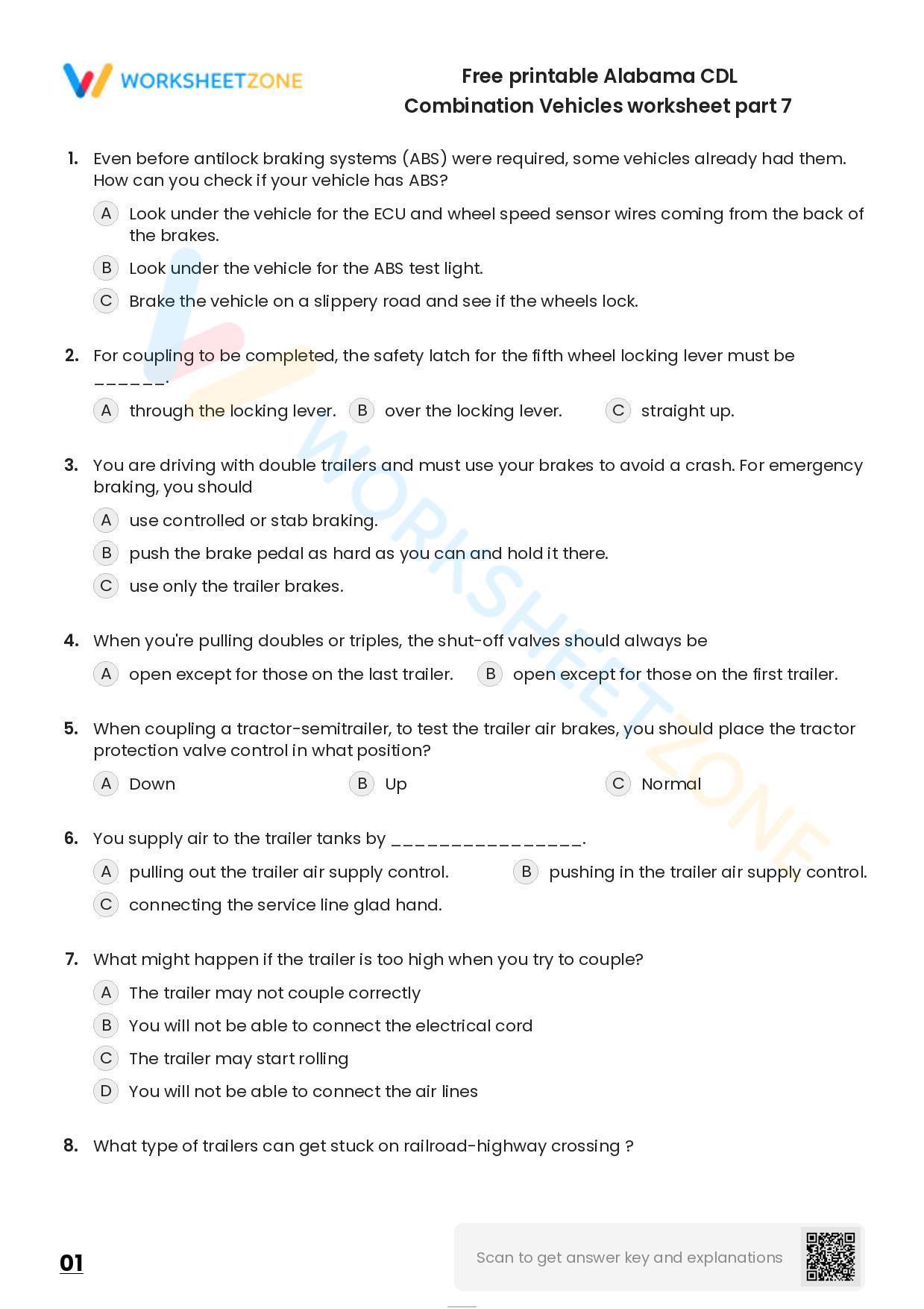 Free Printable Alabama CDL Combination Vehicles Worksheet Part 7