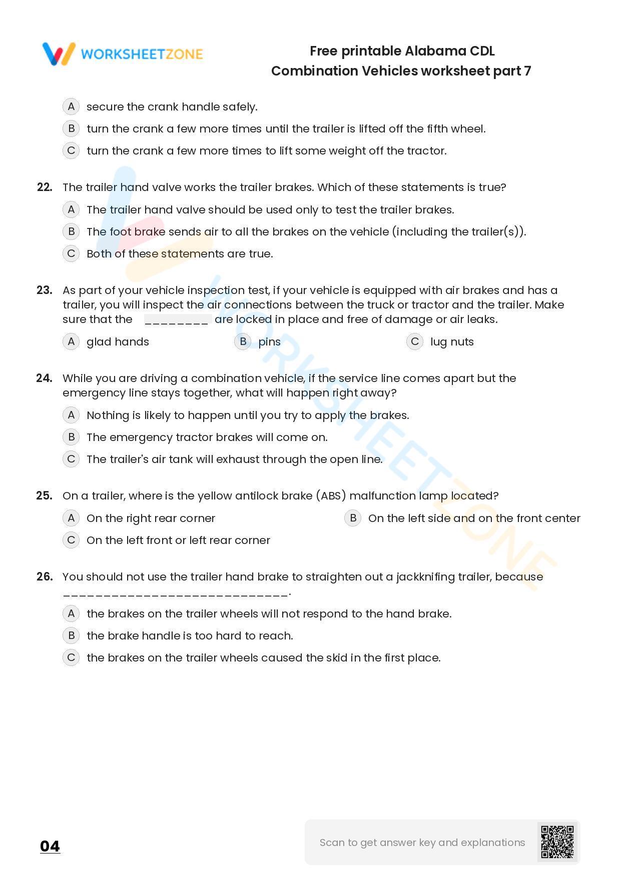Free printable Alabama CDL Combination Vehicles practice test