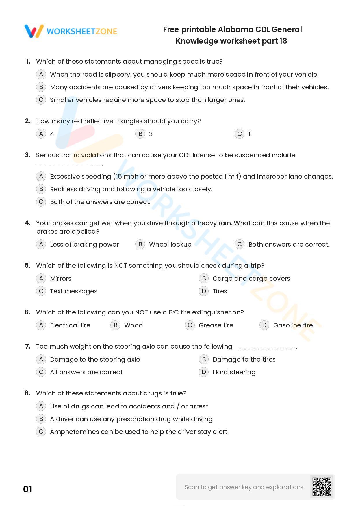 Free Printable Alabama CDL General Knowledge Worksheet Part 18