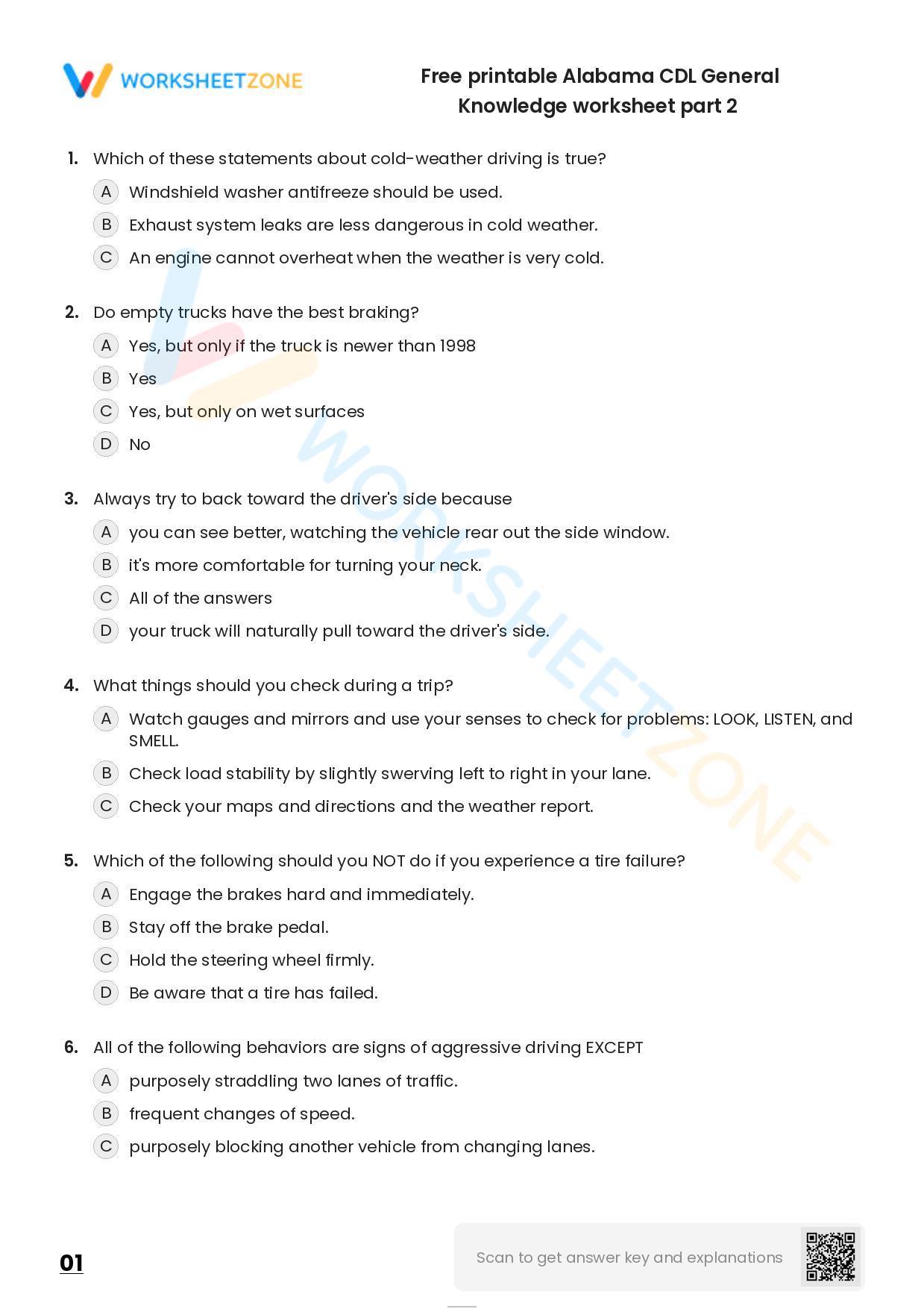 Free Printable Alabama CDL General Knowledge Worksheet Part 2