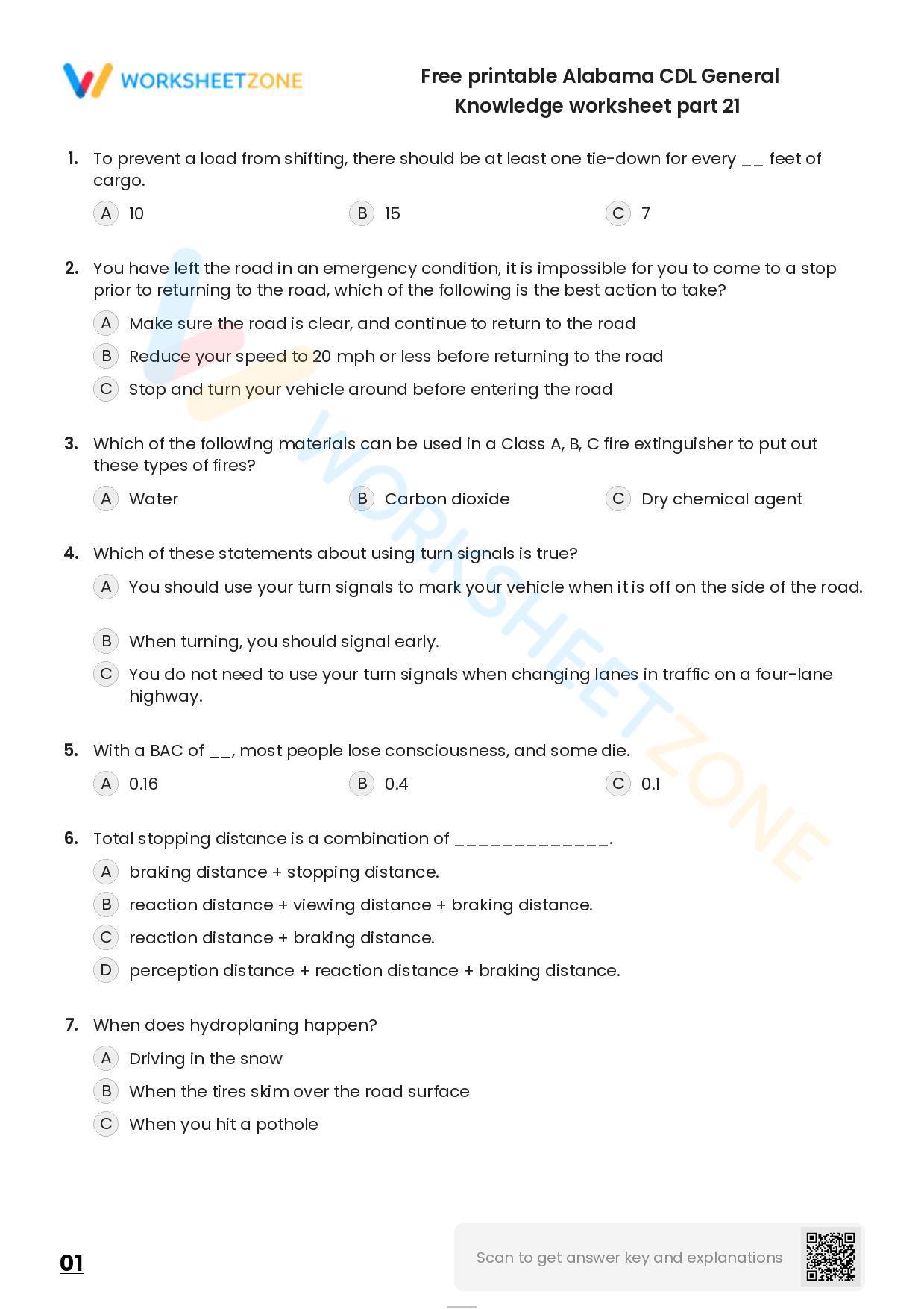 Free Printable Alabama CDL General Knowledge Worksheet Part 21