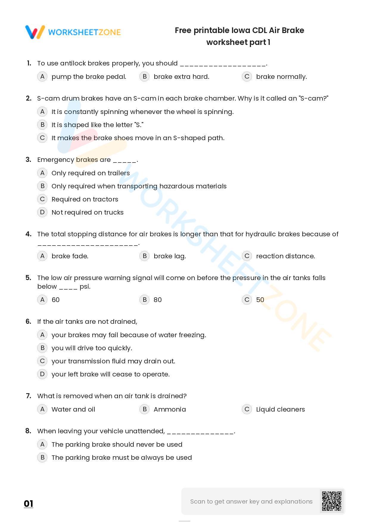 Free printable Iowa CDL Air Brake practice test | Worksheet Zone