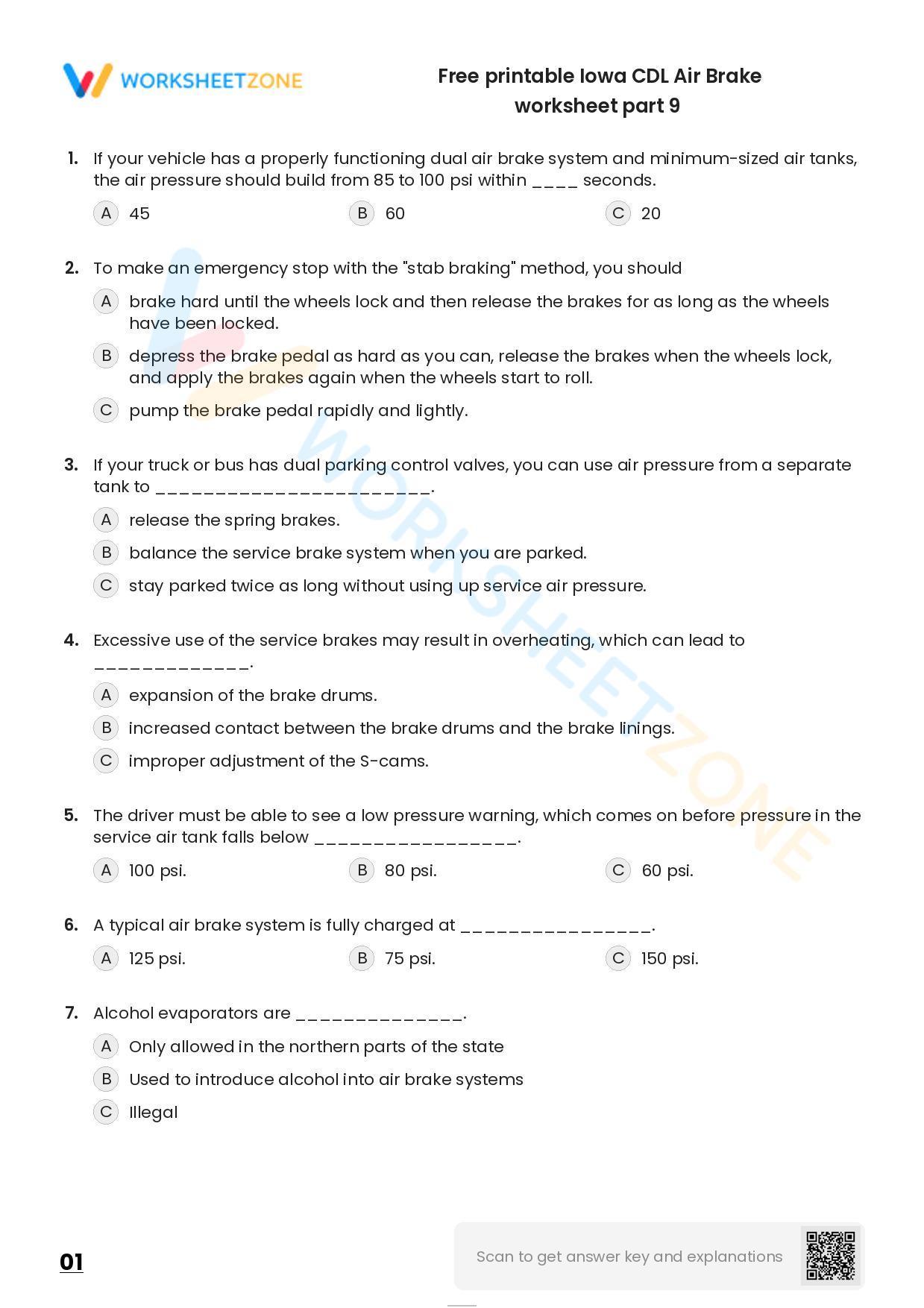 Free printable Iowa CDL Air Brake practice test | Worksheet Zone