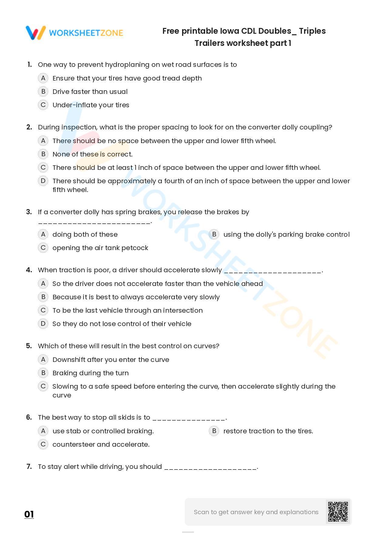 Free Printable Iowa CDL Doubles/ Triples Trailers Worksheet Part 1