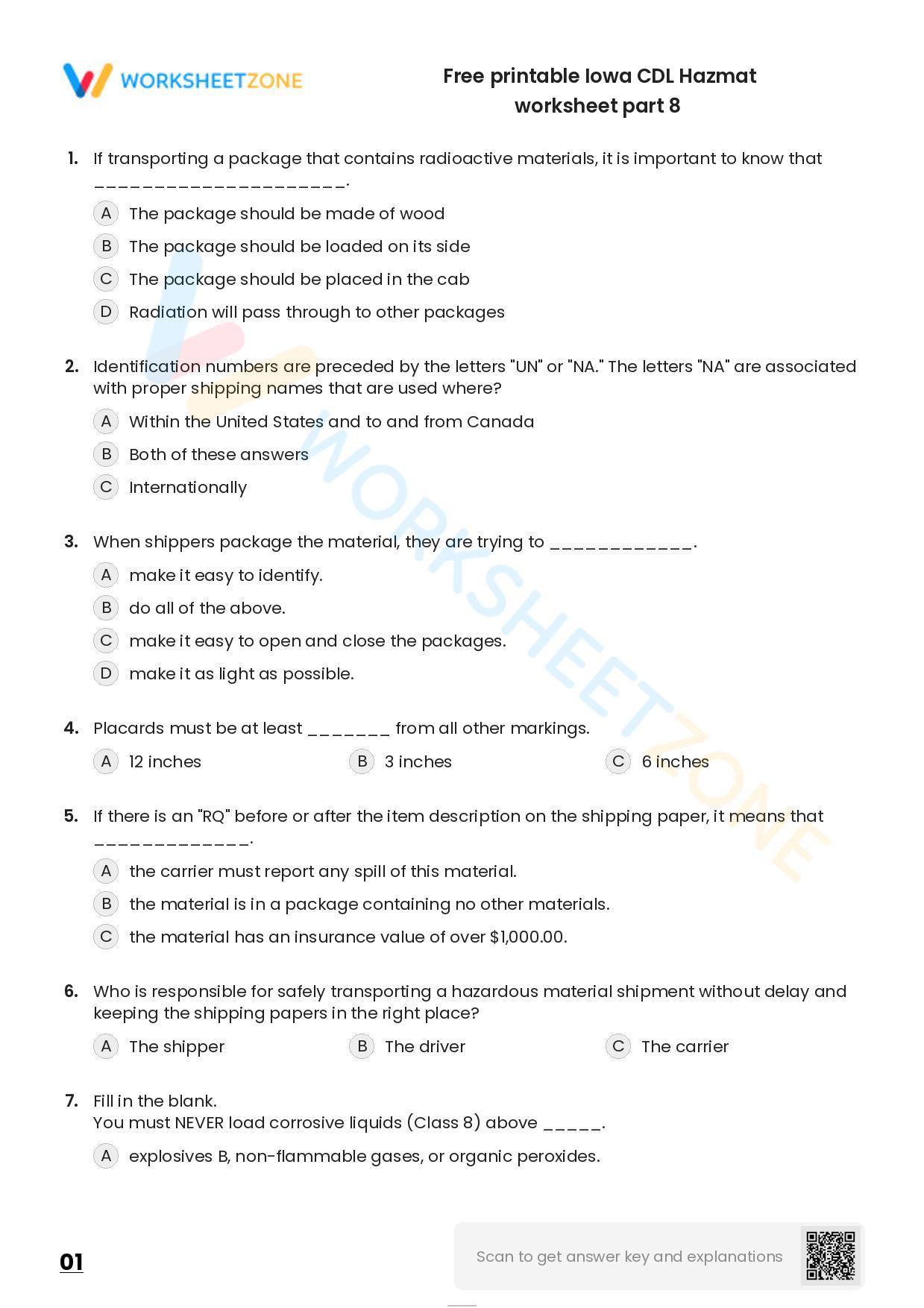 Free Printable Iowa CDL Hazmat Worksheet Part 8