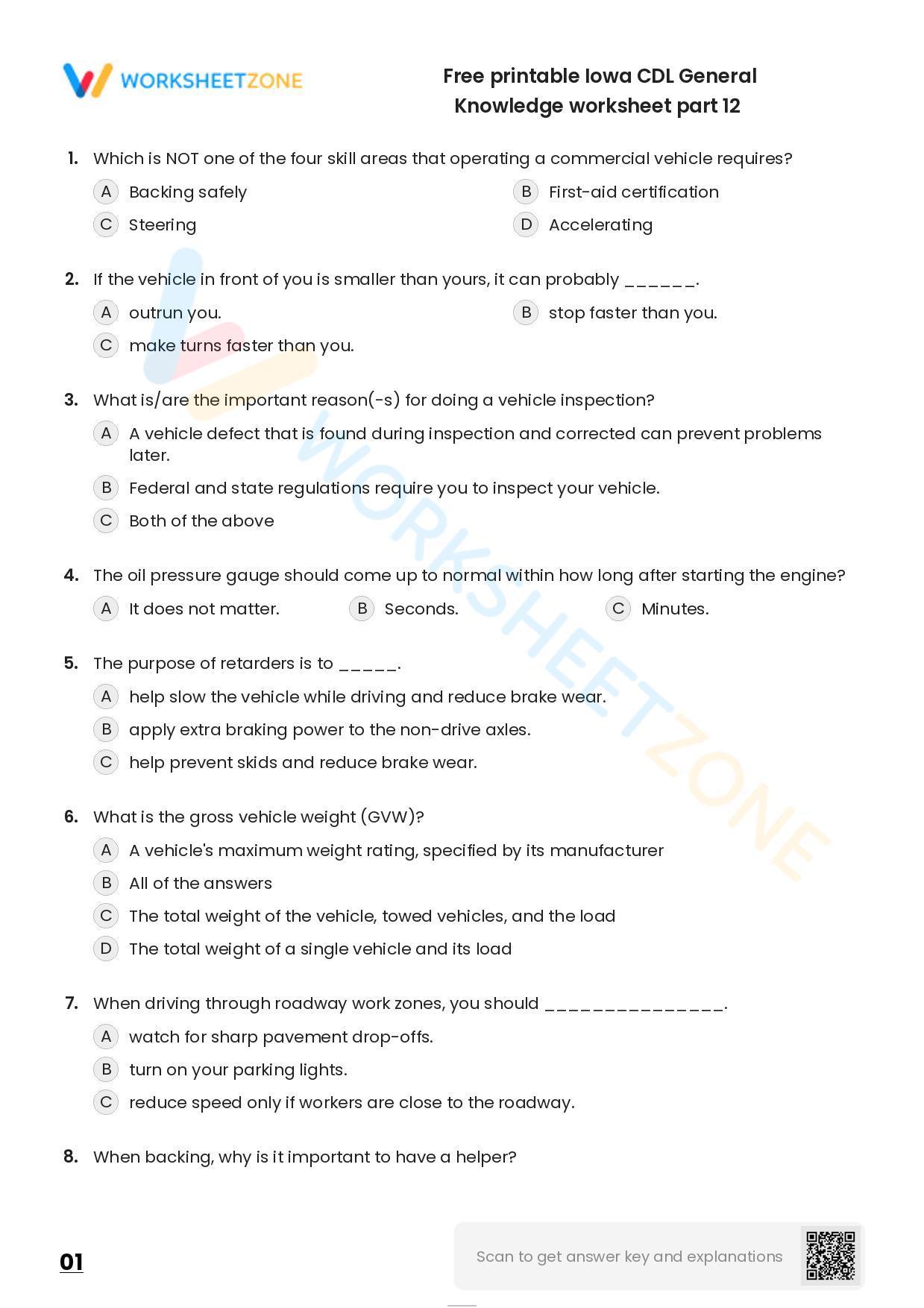 Free Printable Iowa CDL General Knowledge Worksheet Part 12