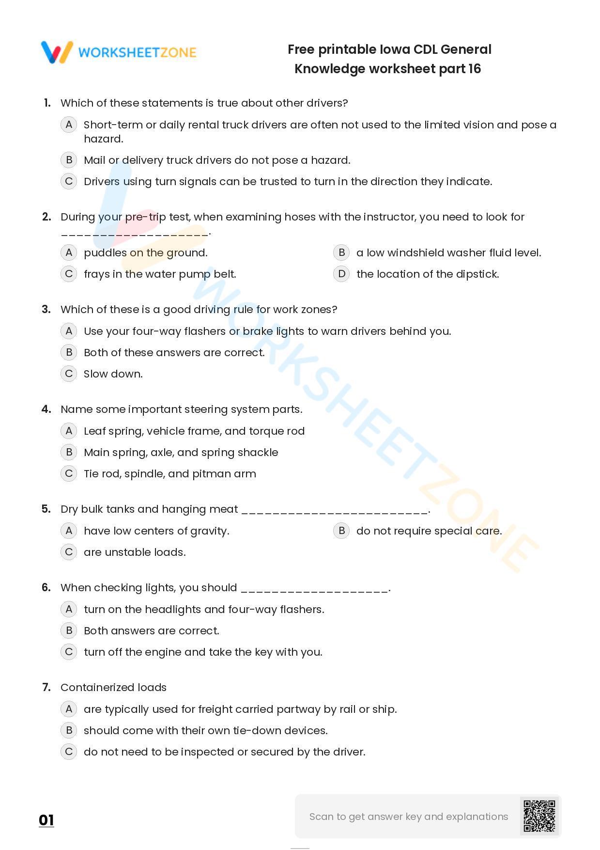 Free Printable Iowa CDL General Knowledge Worksheet Part 16