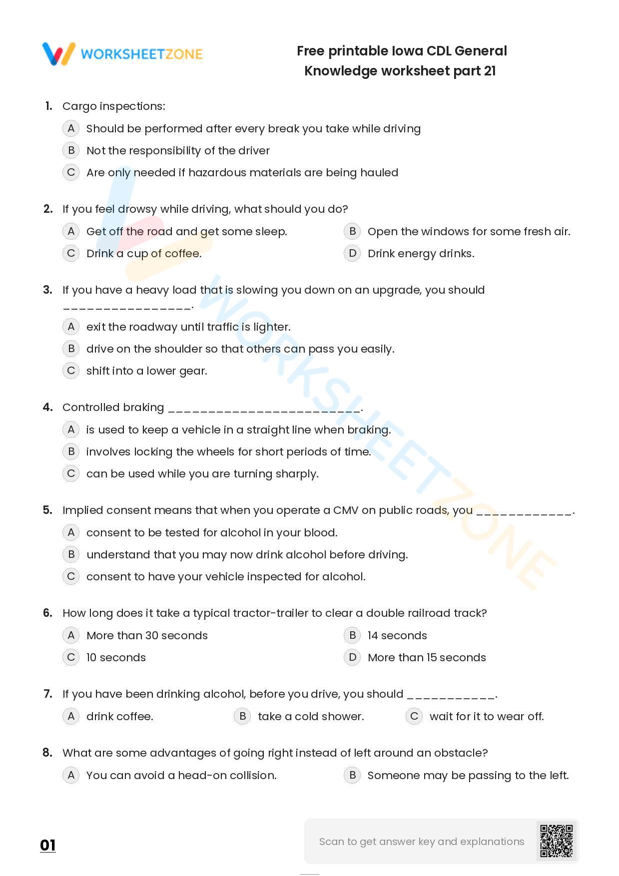 Free Printable Iowa CDL General Knowledge Worksheet Part 21