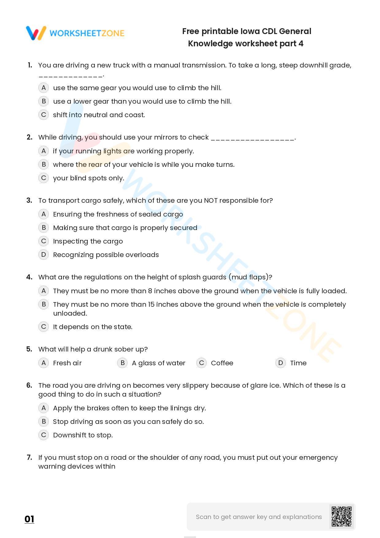 Free Printable Iowa CDL General Knowledge Worksheet Part 4