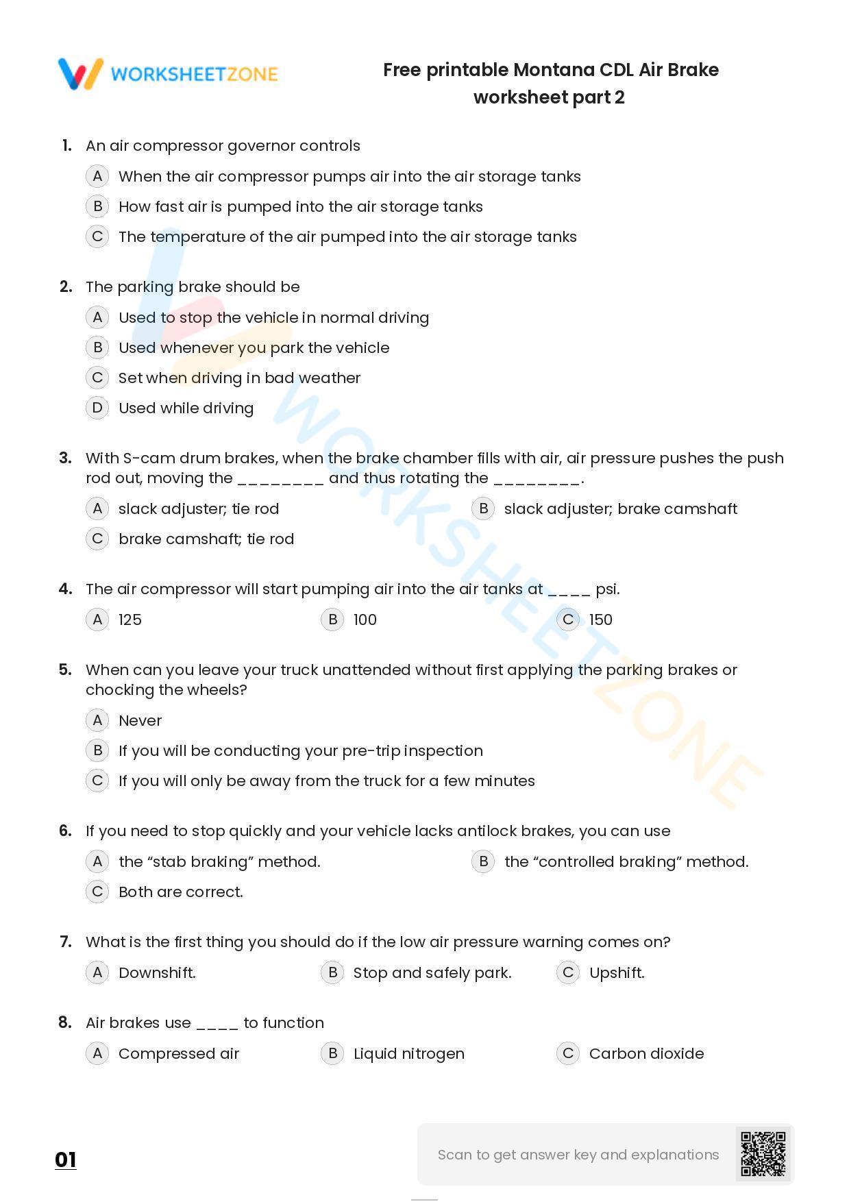 Free Printable Montana Cdl Air Brake Worksheet Part 2 5819