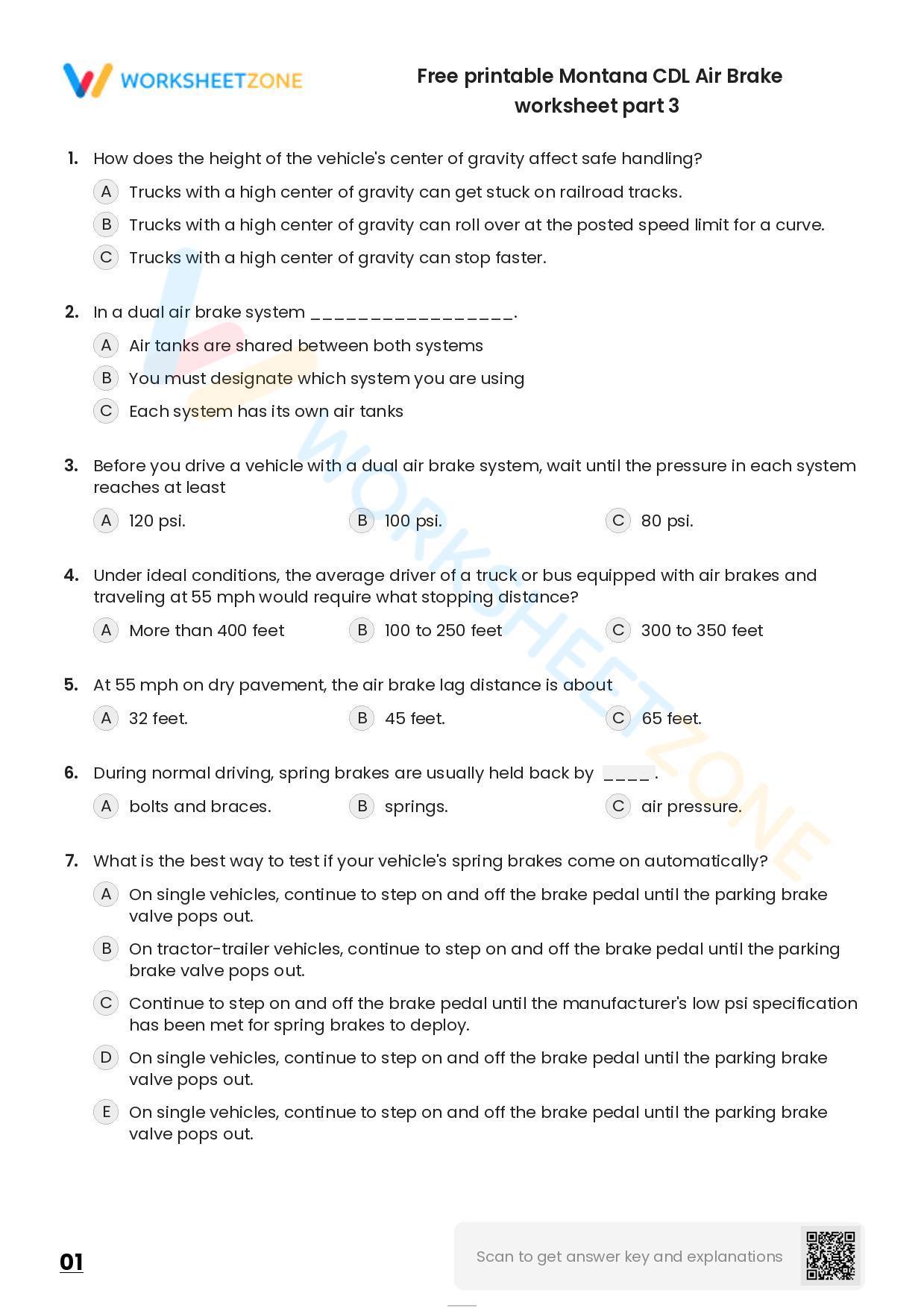 Free Printable Montana CDL Air Brake Worksheet Part 3