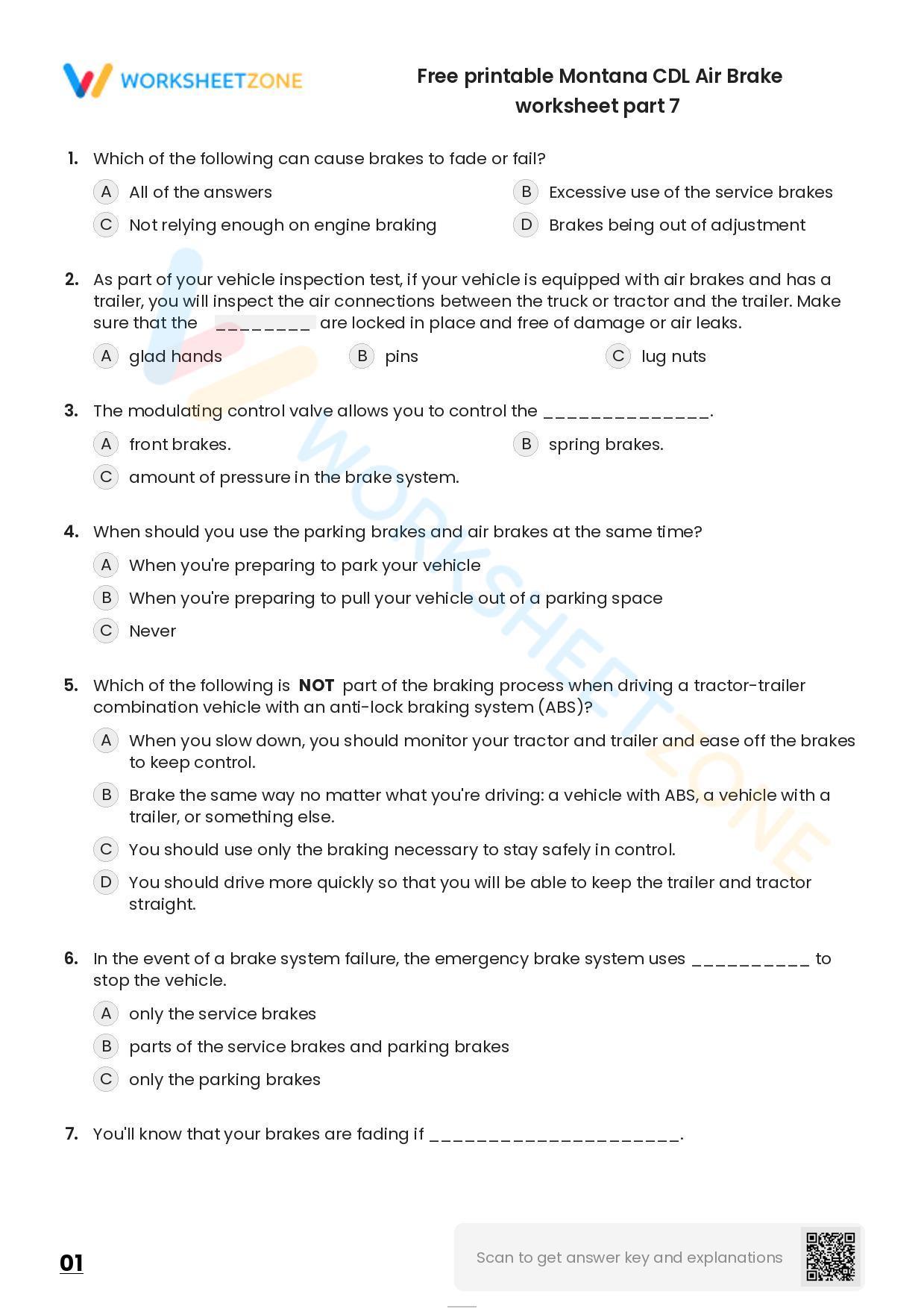 Free Printable Alaska CDL Air Brake Worksheet Part 7