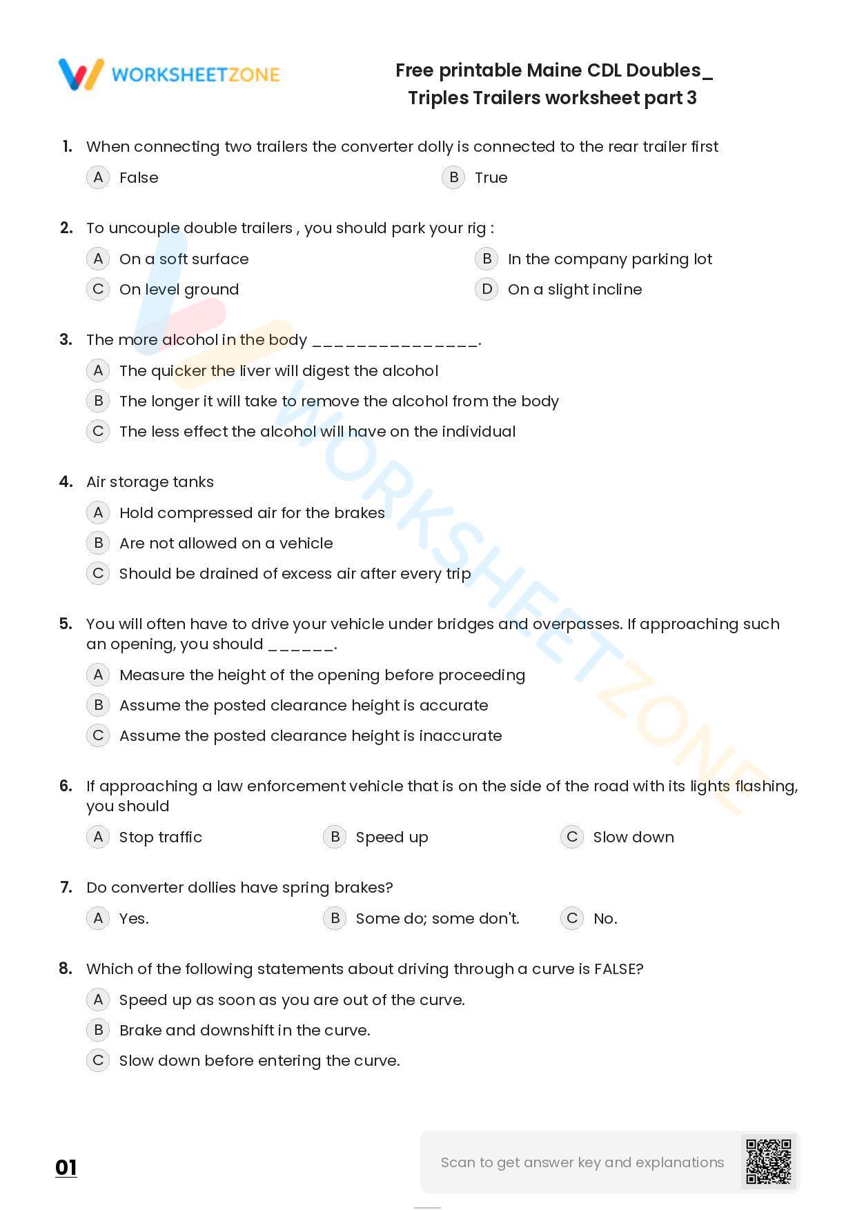 Free Printable Maine CDL Doubles/ Triples Trailers Worksheet Part 3
