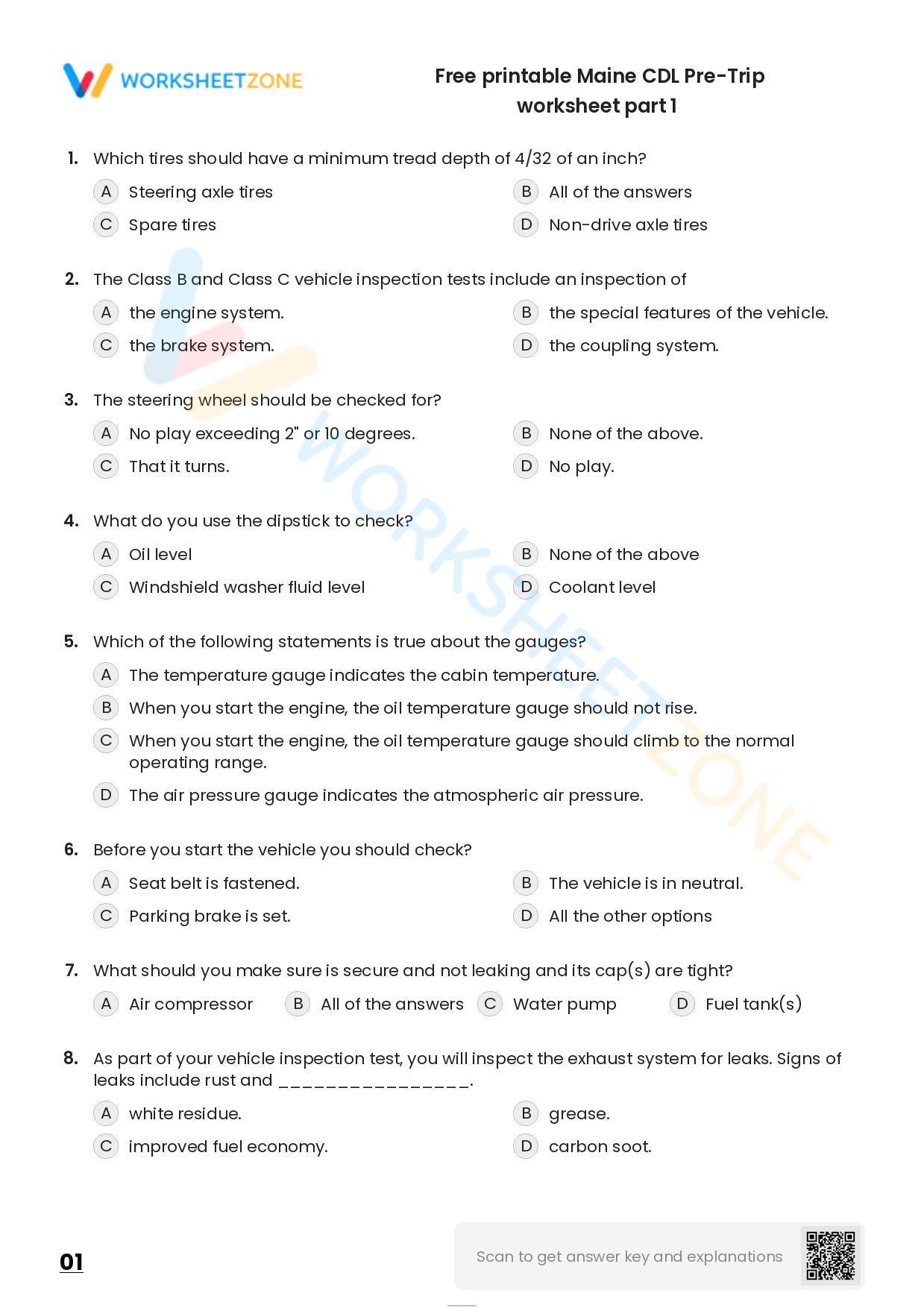 Free Printable Maine CDL Pre-Trip Worksheet Part 1