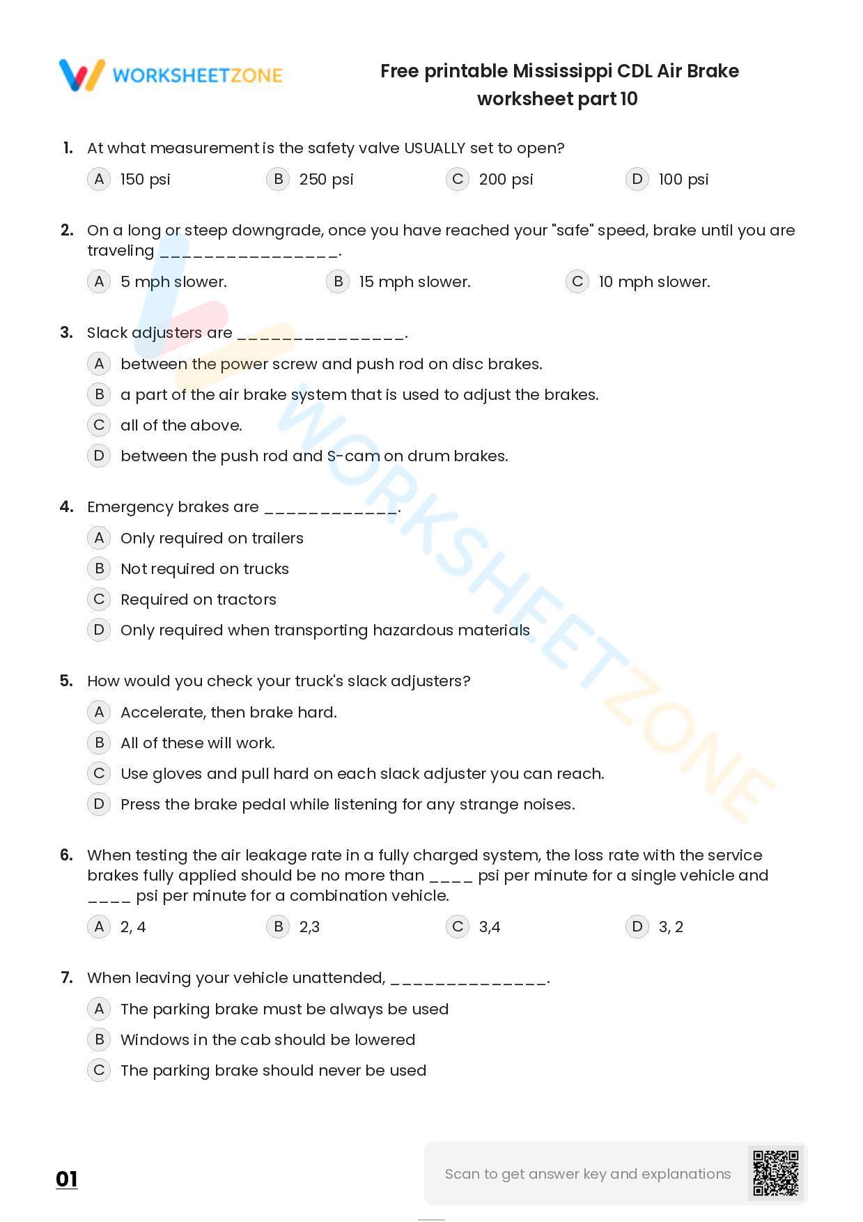 Free Printable Mississippi CDL Air Brake Worksheet Part 10