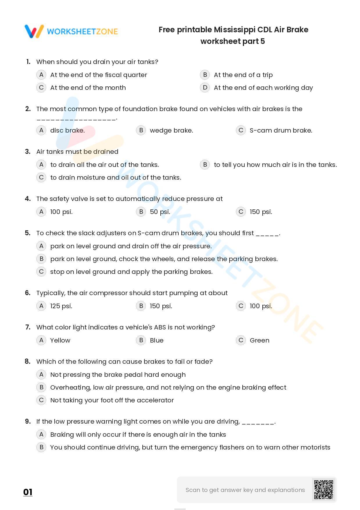 Free Printable Mississippi CDL Air Brake Worksheet Part 5