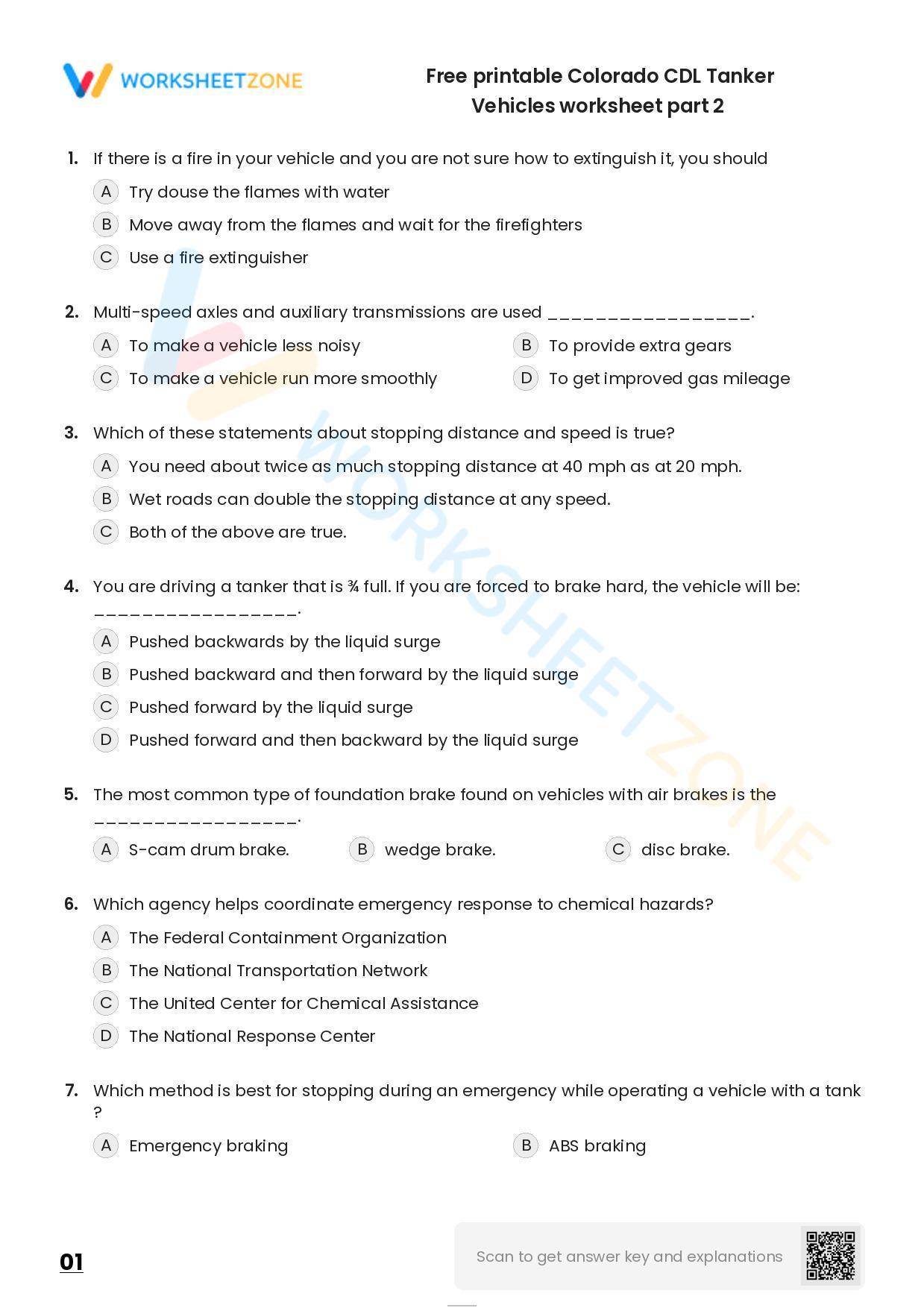 Free printable Colorado CDL Tanker Vehicles practice test | Worksheet Zone