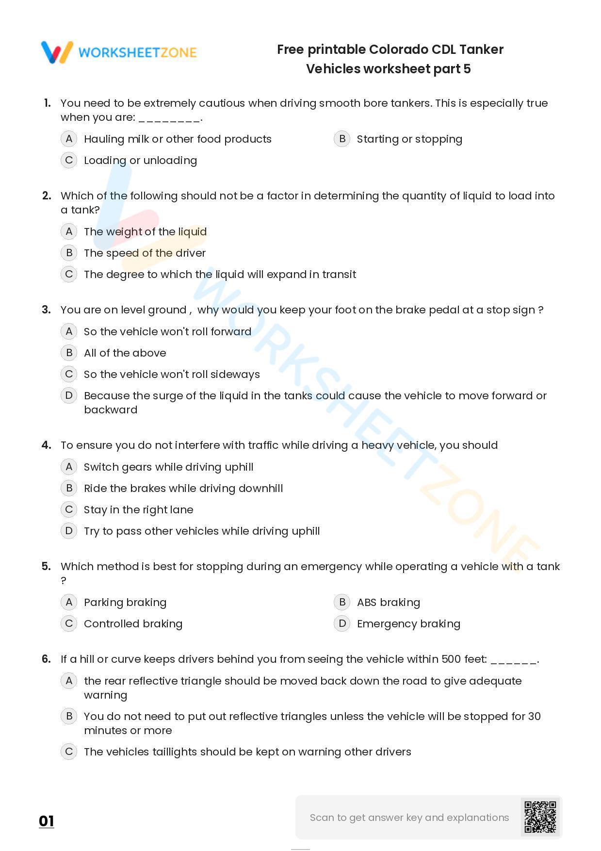 Free printable Colorado CDL Tanker Vehicles practice test | Worksheet Zone
