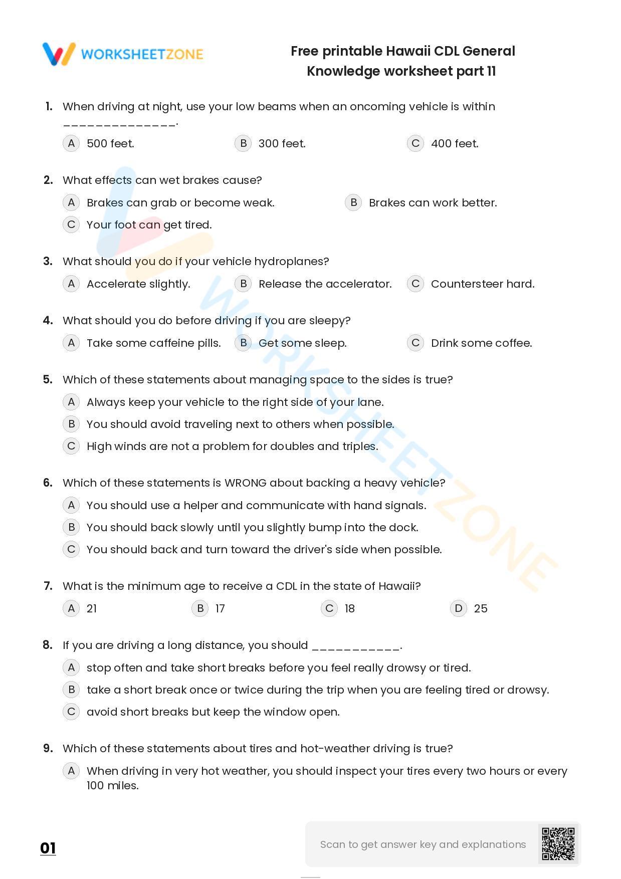 Free Printable Hawaii CDL General Knowledge Worksheet Part 11