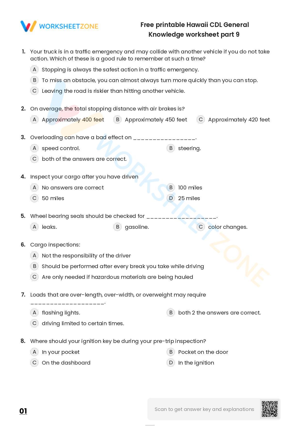 Free Printable Hawaii CDL General Knowledge Worksheet Part 9