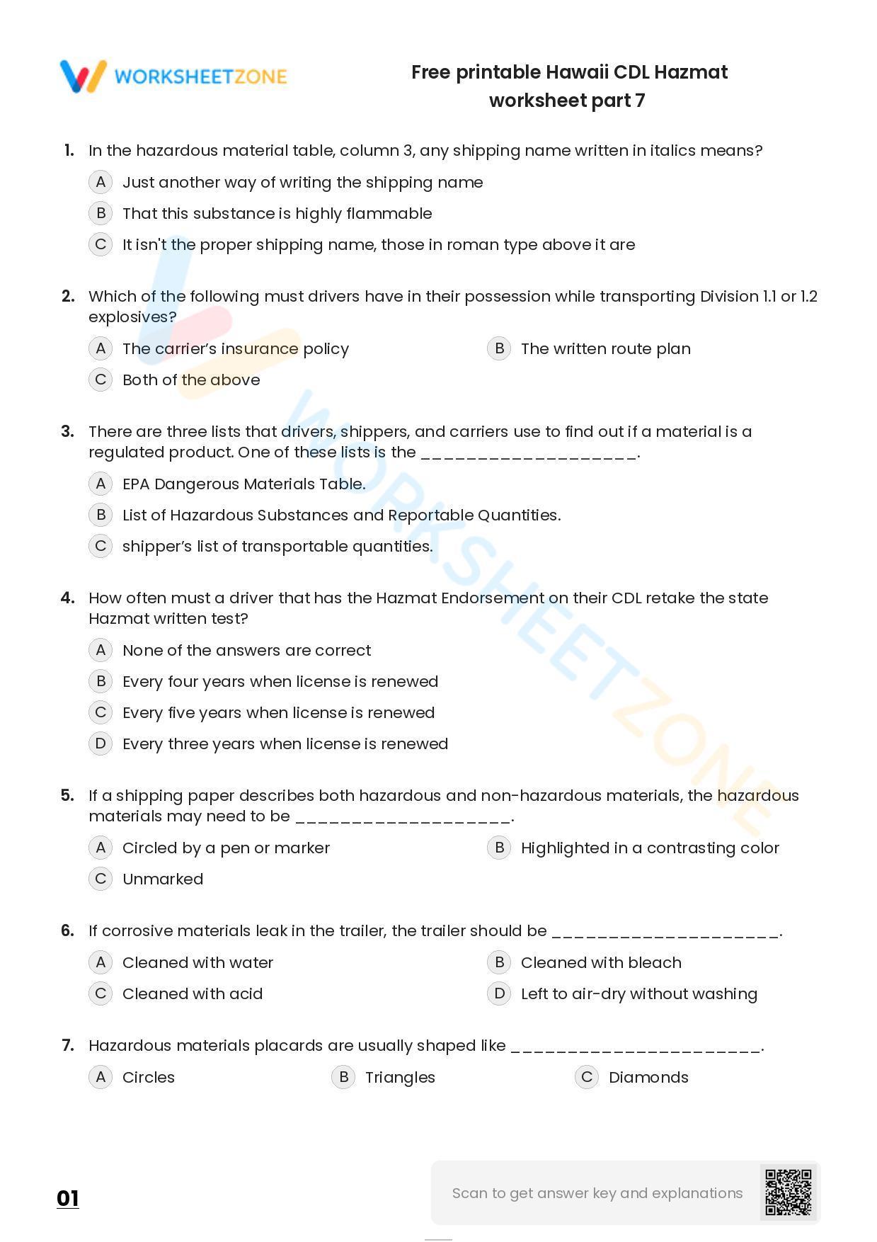 Free Printable Hawaii CDL Hazmat Worksheet Part 7