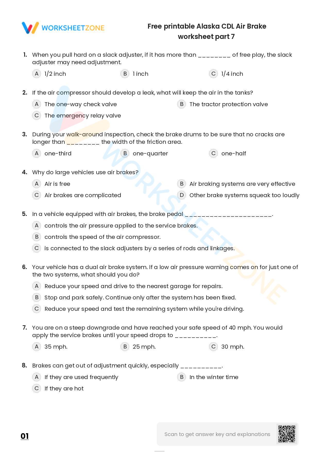 Free Printable Alaska CDL Air Brake Worksheet Part 7