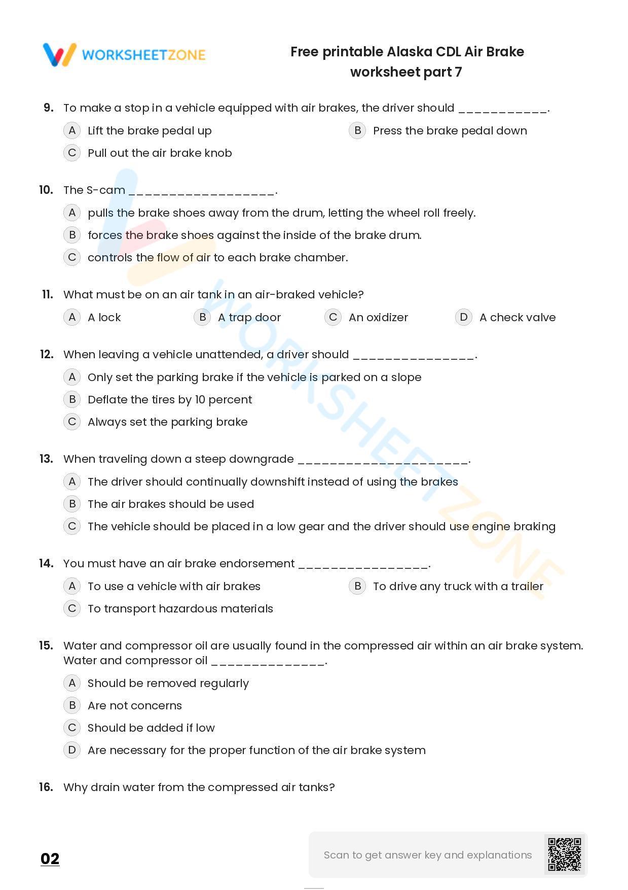 Free Printable Alaska CDL Air Brake Worksheet Part 7