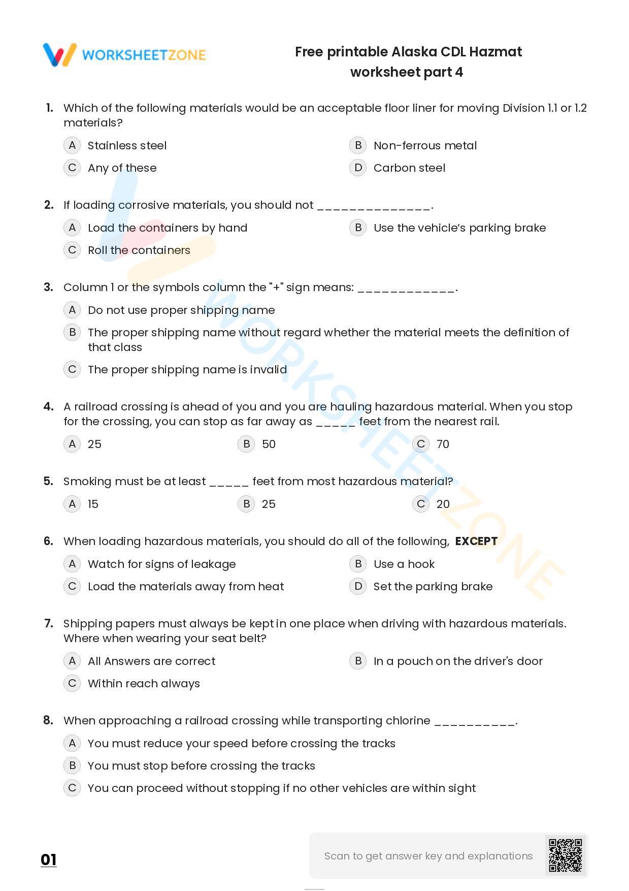 Free Printable Alaska CDL Hazmat Worksheet Part 4
