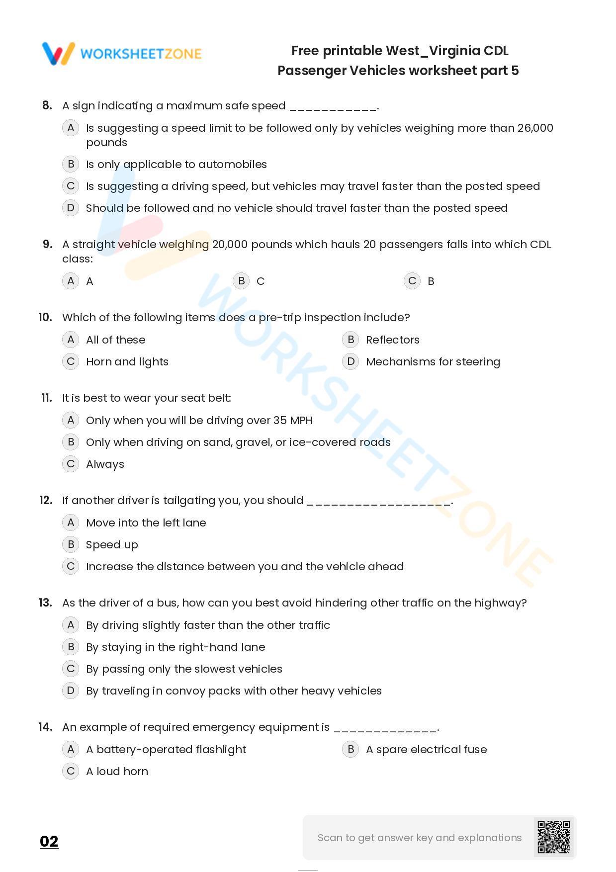 Free Printable West/Virginia CDL Passenger Vehicles Worksheet Part 6