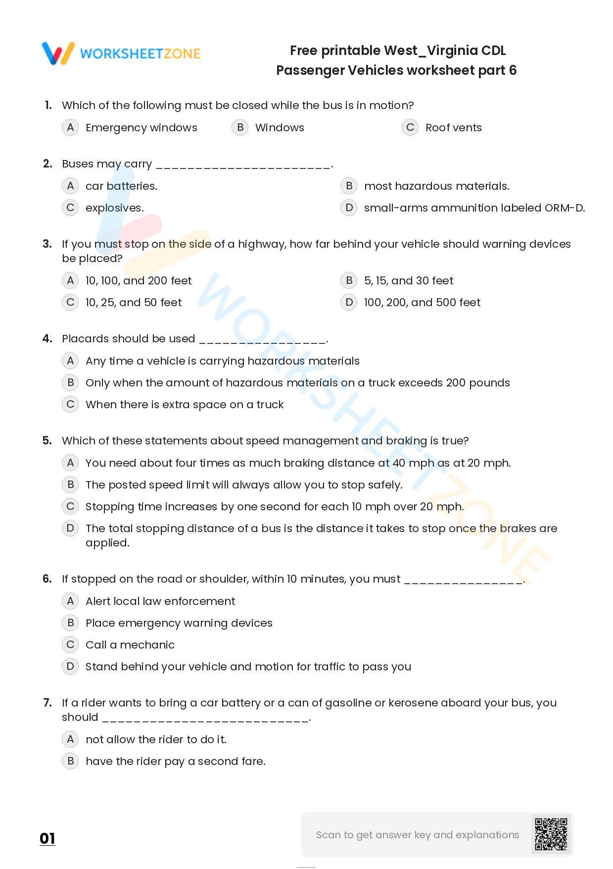 Free Printable West/Virginia CDL Passenger Vehicles Worksheet Part 6