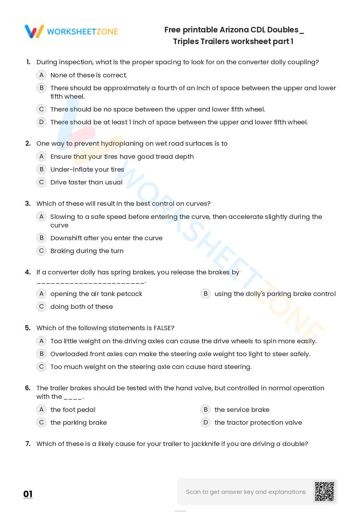 Free Printable Arizona CDL Doubles/ Triples Trailers Worksheet Part 1