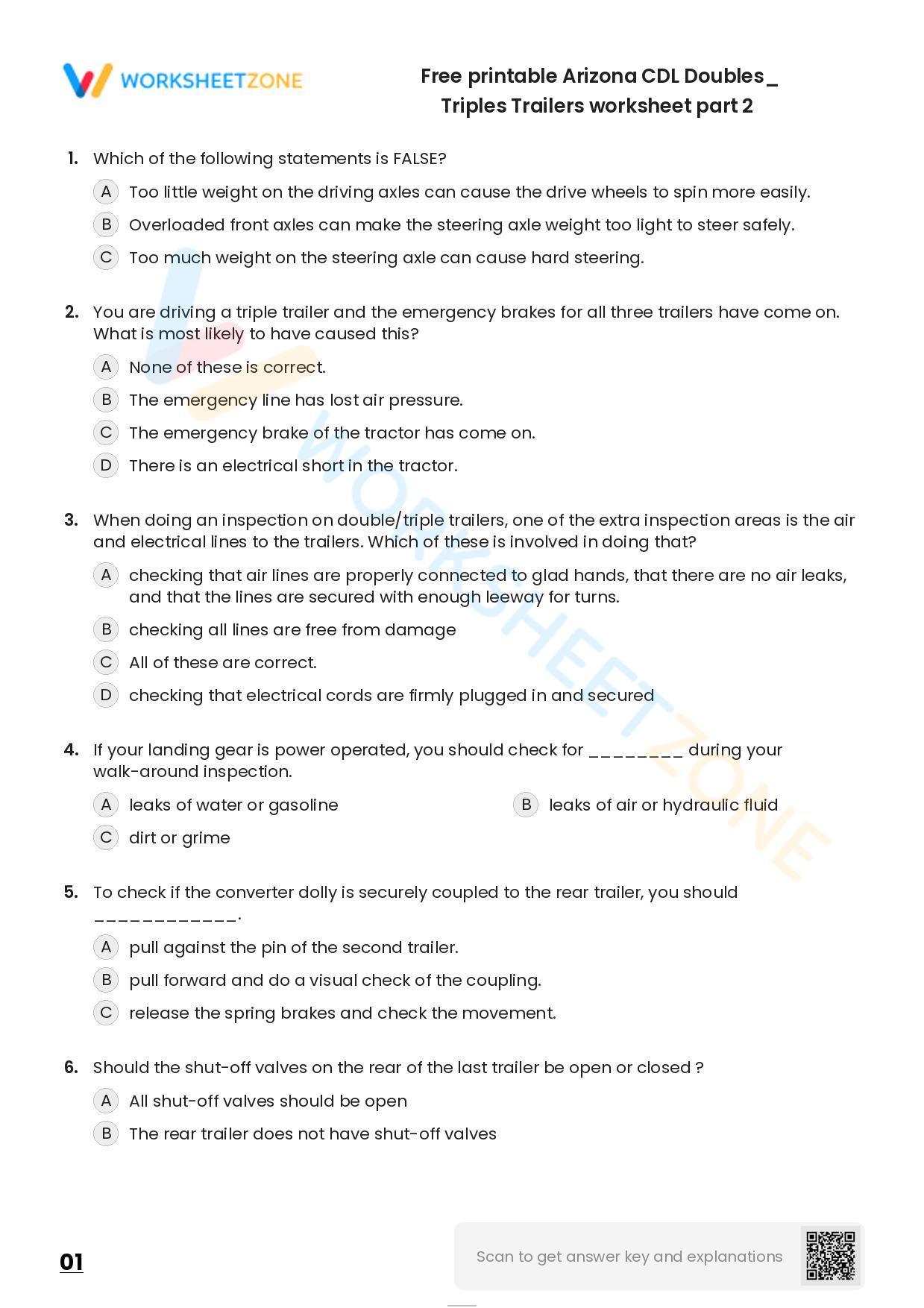 Free Printable Arizona CDL Doubles/ Triples Trailers Worksheet Part 2