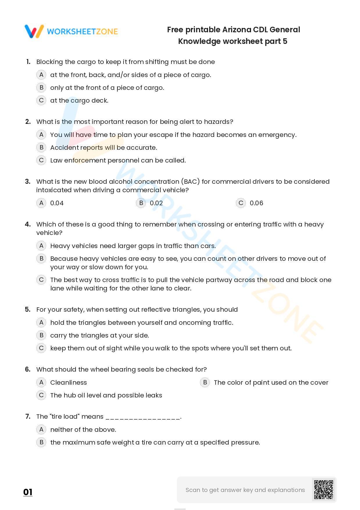 Free Printable Arizona CDL General Knowledge Worksheet Part 5