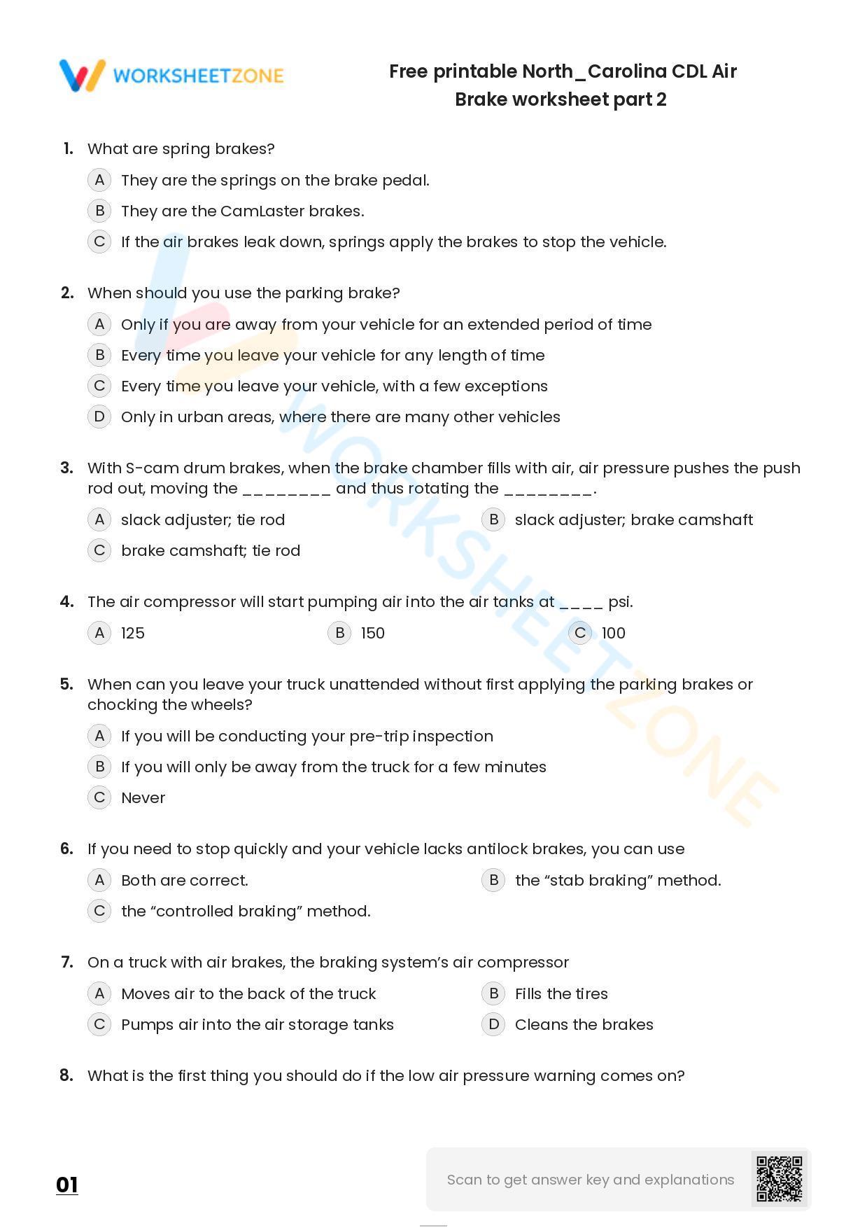 Free Printable North/Carolina CDL Air Brake Worksheet Part 2