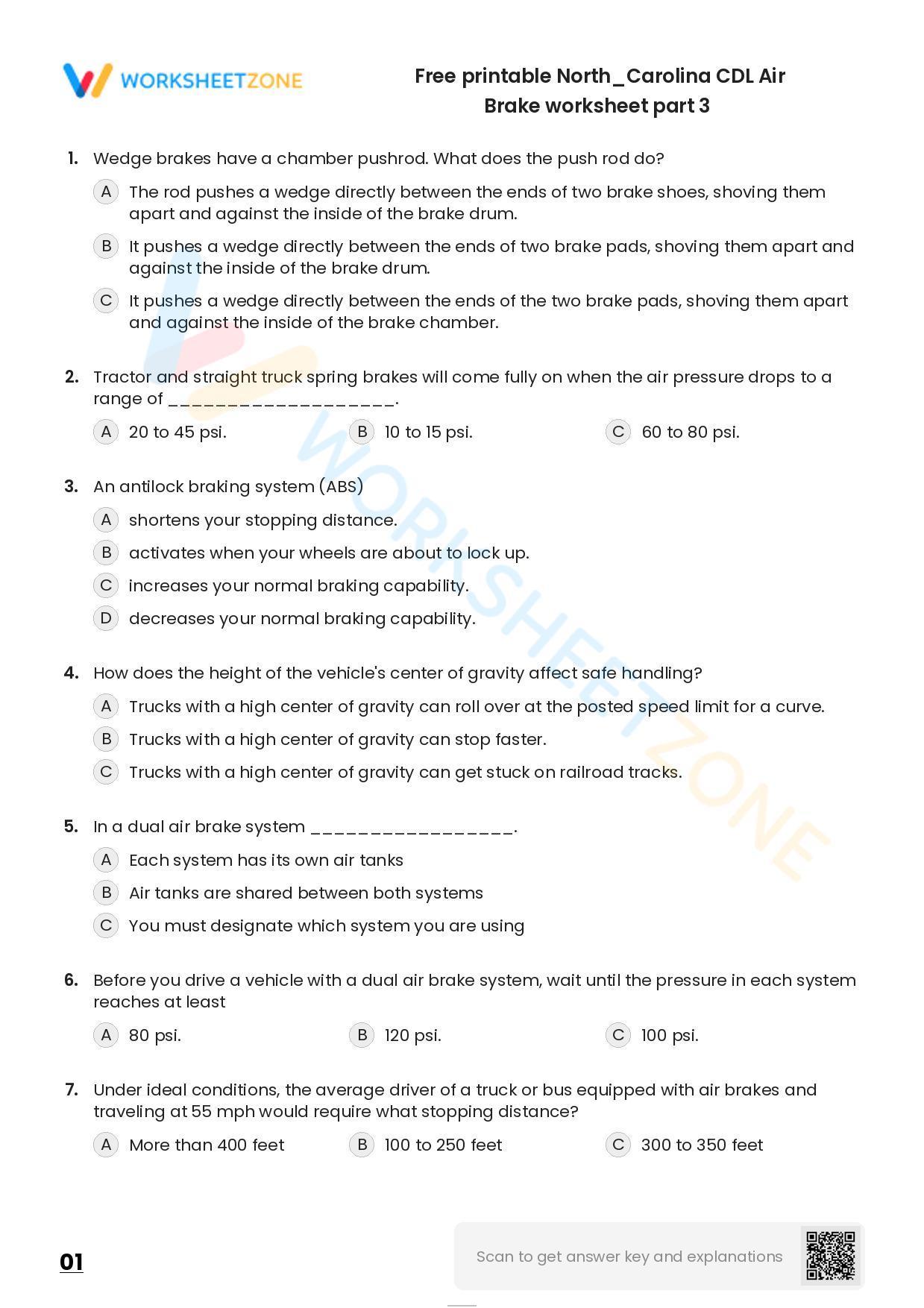Free Printable North/Carolina CDL Air Brake Worksheet Part 3