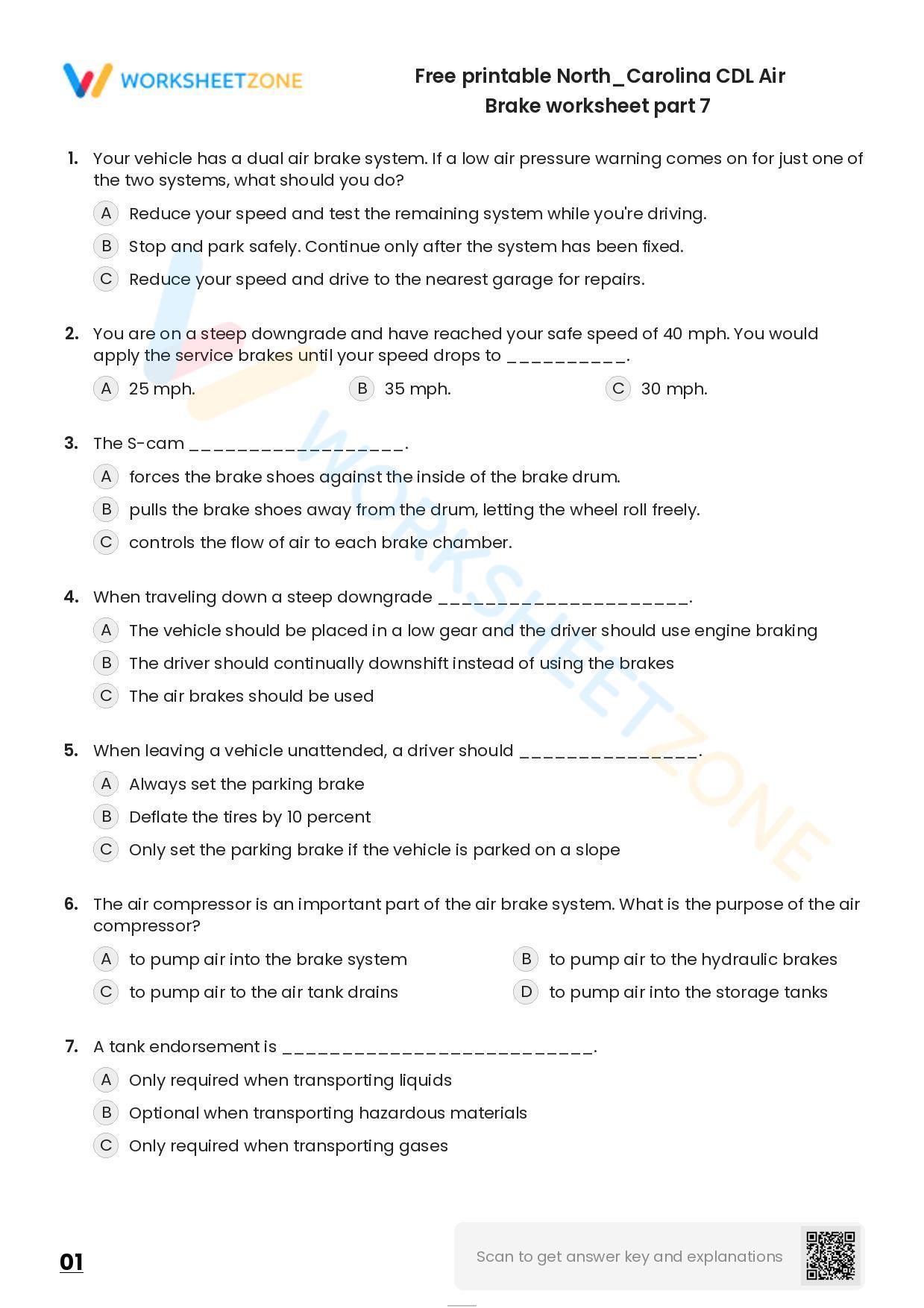 Free Printable North/Carolina CDL Air Brake Worksheet Part 7