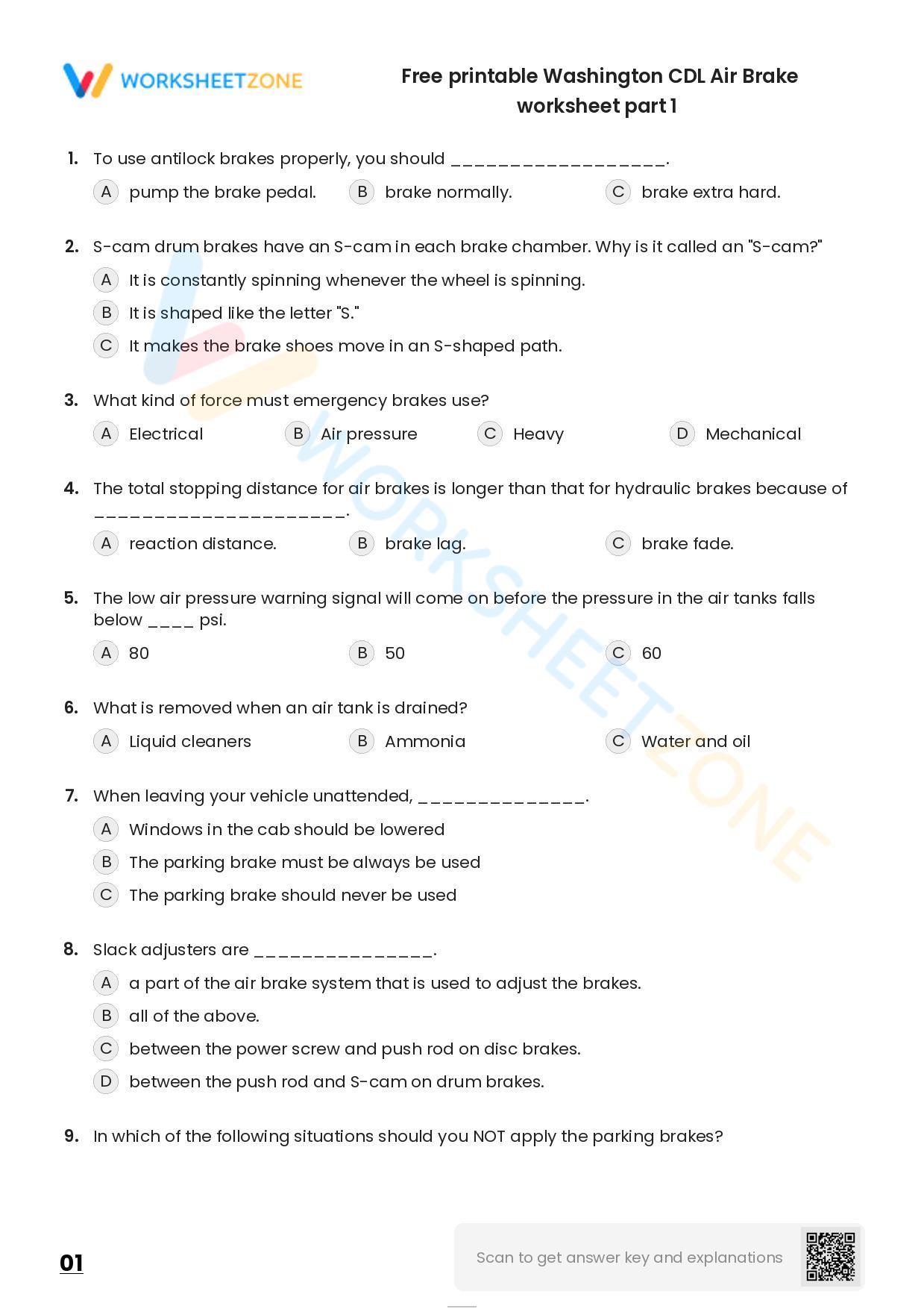 Free Printable Washington CDL Air Brake Worksheet Part 1