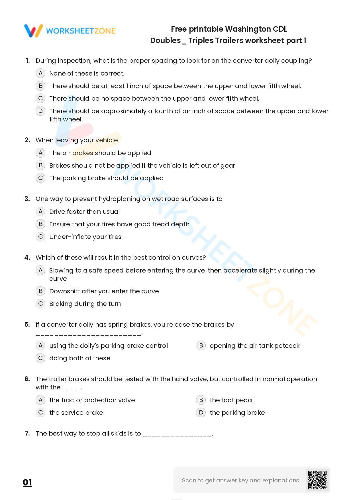 Free Printable Washington CDL Doubles/ Triples Trailers Worksheet Part 1